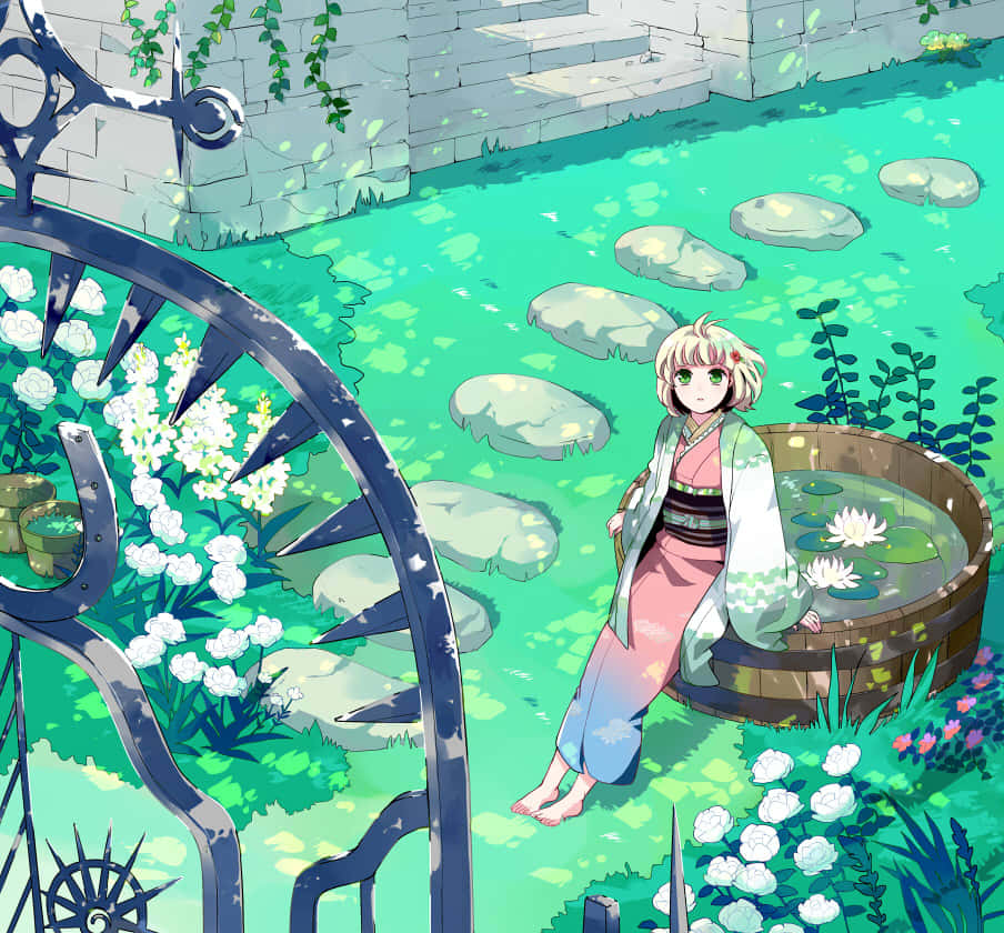 Shiemi Moriyama, pink kimono, lily pond, SD Desktop Wallpaper