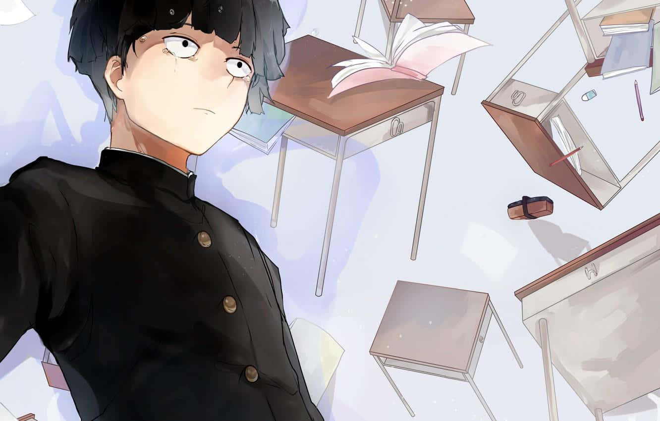Shigeo Kageyama, black school uniform, floating desks, HD Desktop Wallpaper