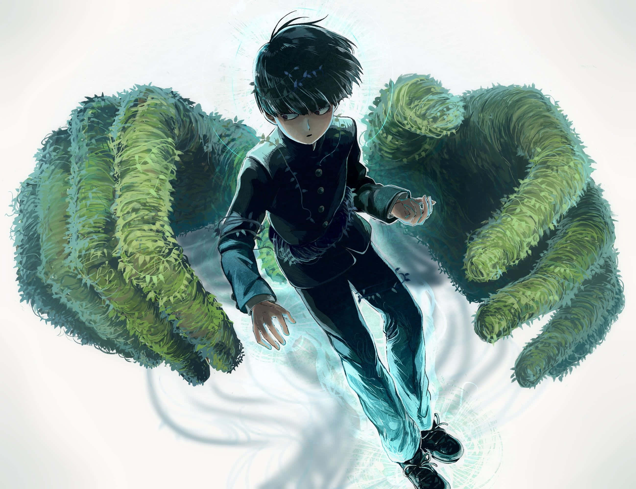 Shigeo Kageyama, dark uniform, giant green mossy hands, 2K Desktop Wallpaper