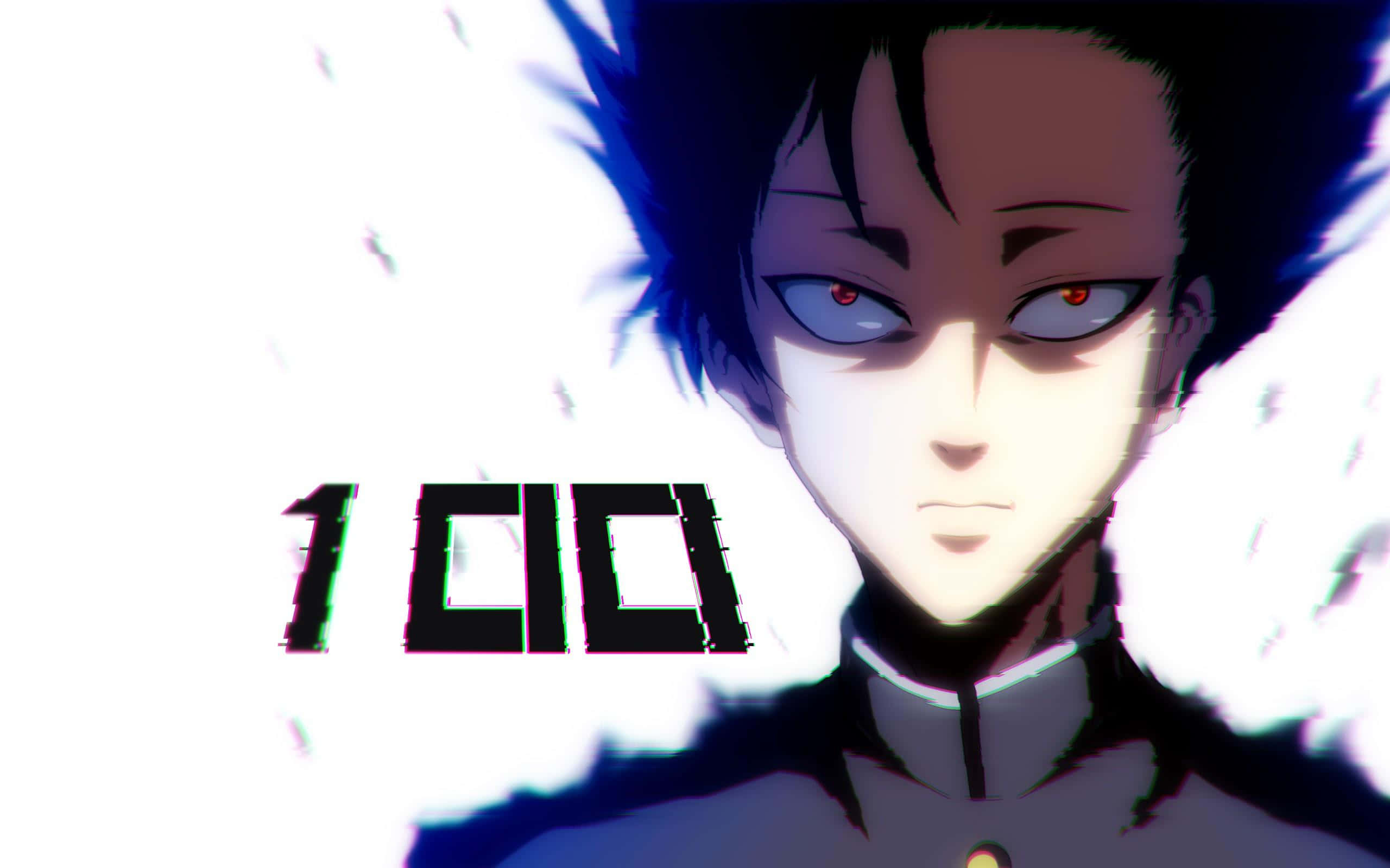 Shigeo Kageyama, spiky blue hair, glowing red eyes, 2K Desktop Wallpaper