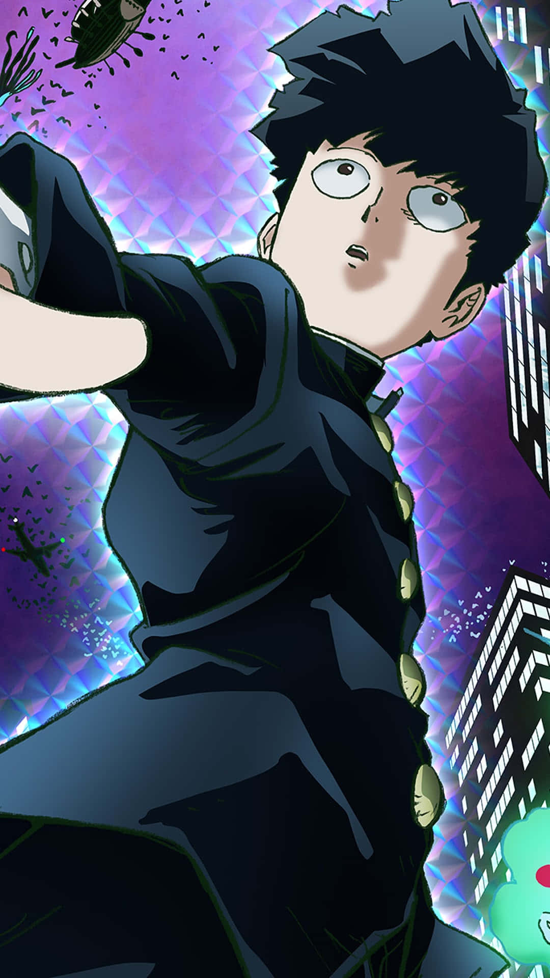 Shigeo Kageyama, dark uniform, vibrant purple and blue geometric cityscape, Full HD Phone Wallpaper