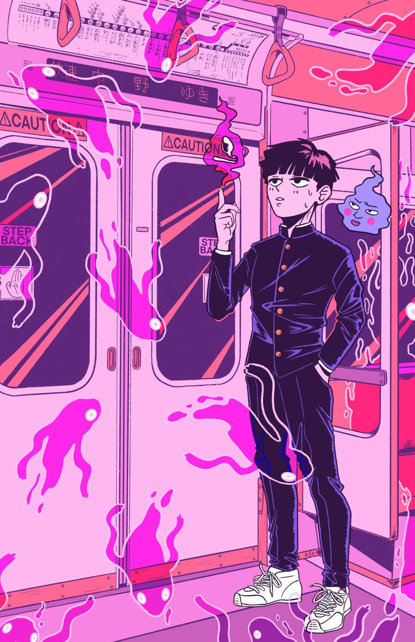 Shigeo Kageyama, school uniform, pink-hued subway car, Full HD Phone Wallpaper