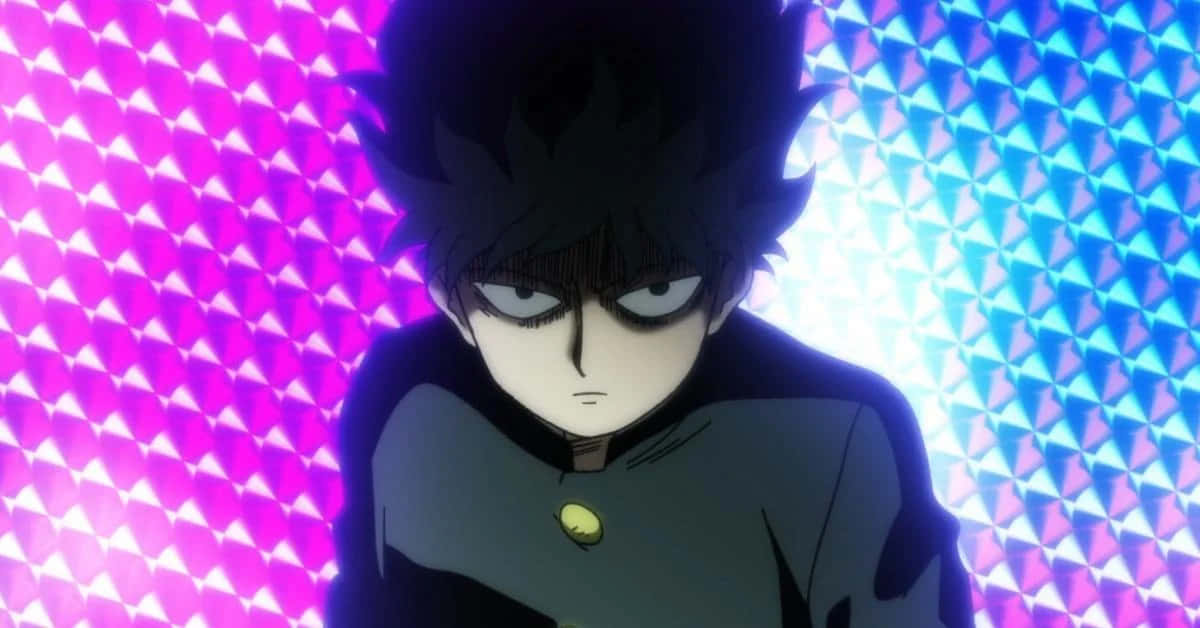 Shigeo Kageyama, spiky black hair, vibrant pink and blue geometric background, SD Desktop Wallpaper