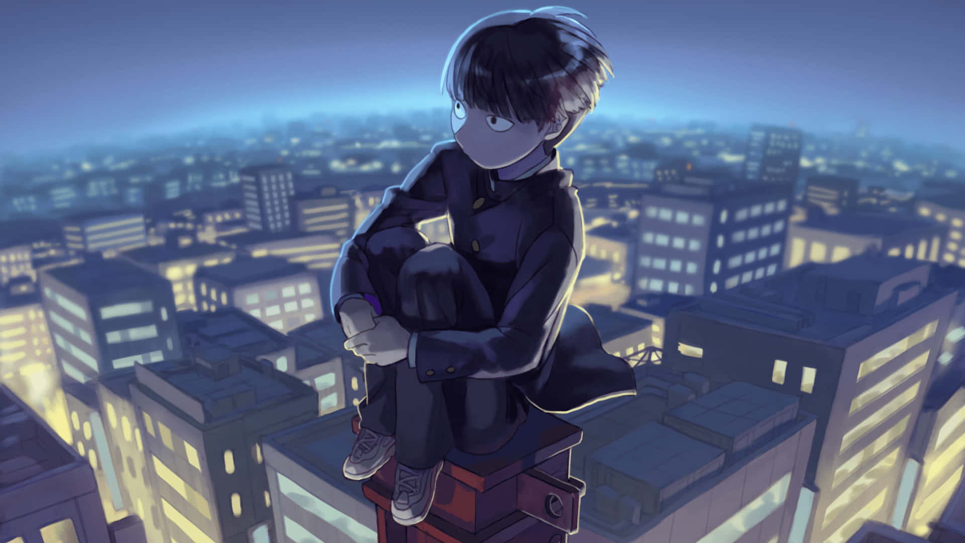 Shigeo Kageyama, rooftop, glowing cityscape, Full HD Desktop Wallpaper