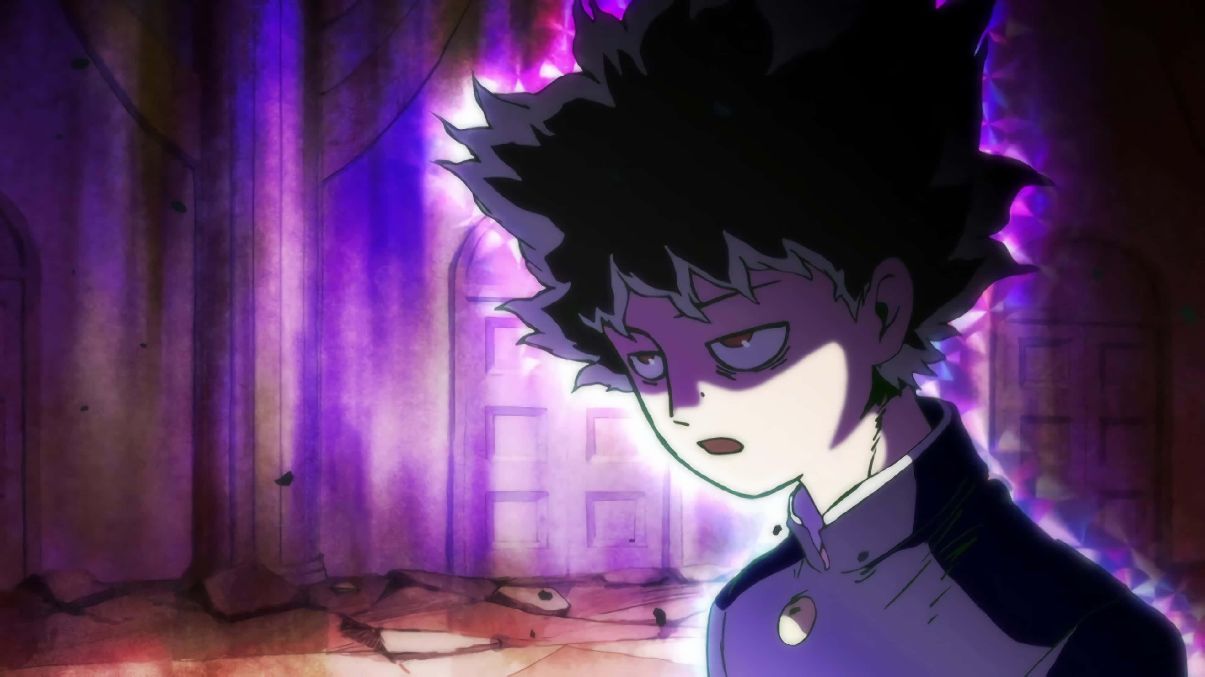 Shigeo Kageyama, spiky-haired anime boy, glowing purple aura, 4K Desktop Wallpaper