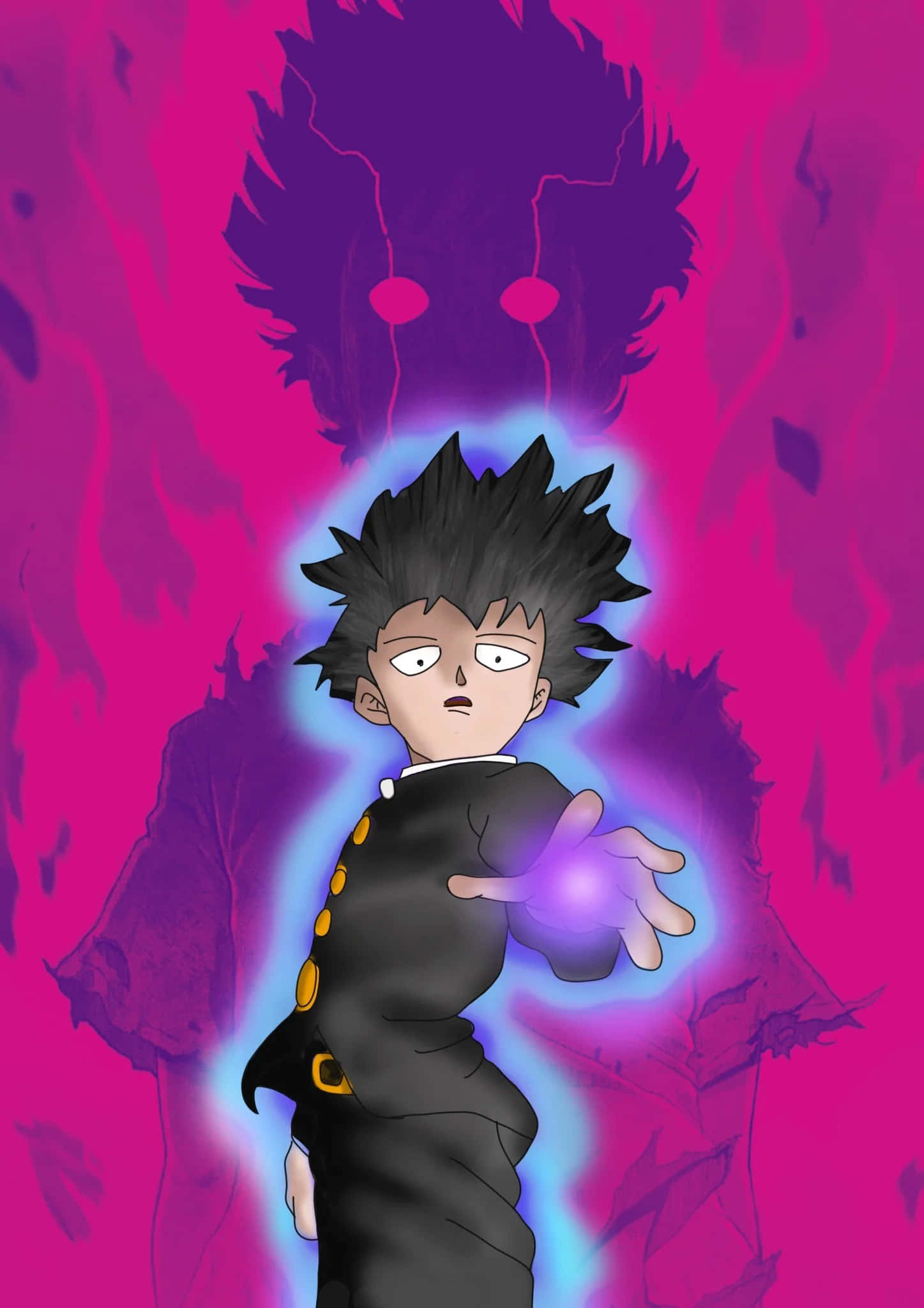 Shigeo Kageyama, black uniform, glowing blue energy, Full HD Phone Wallpaper