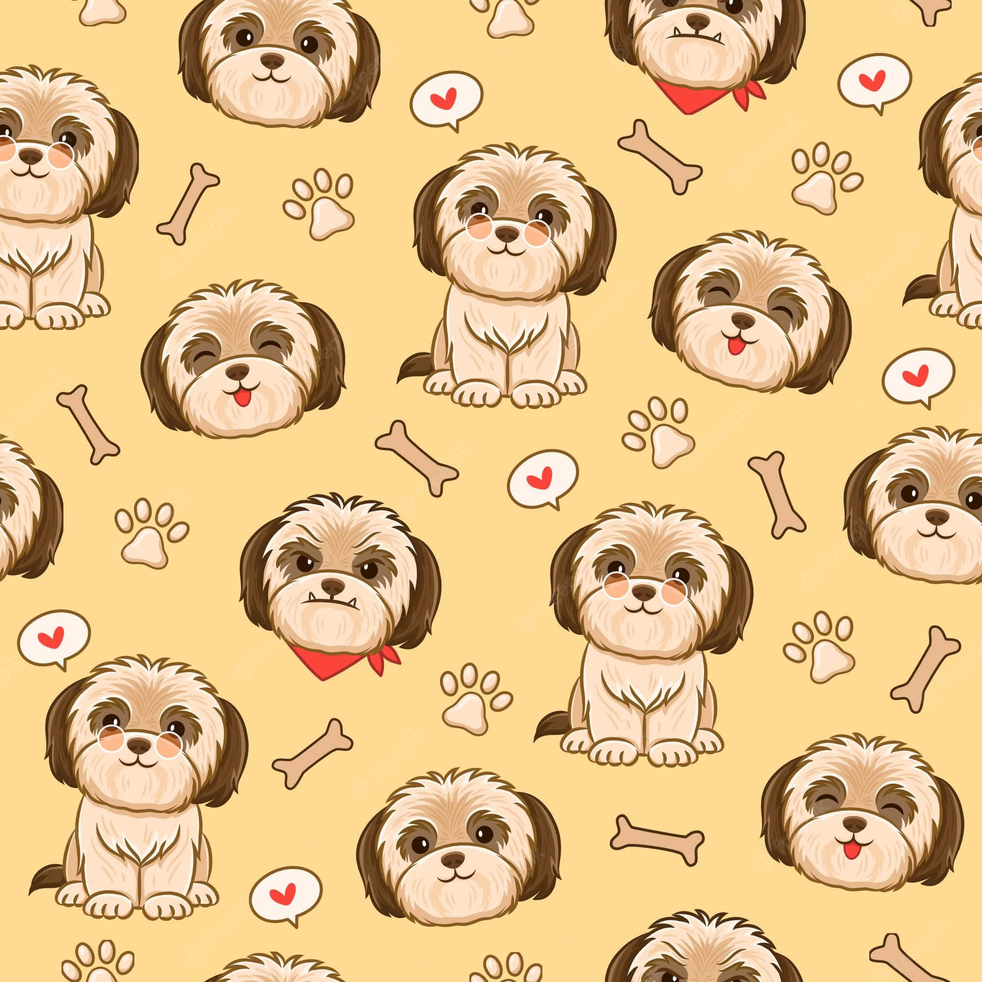 Shih Tzu, bone and heart pattern, cartoon Shih Tzu puppies, Full HD Desktop Wallpaper