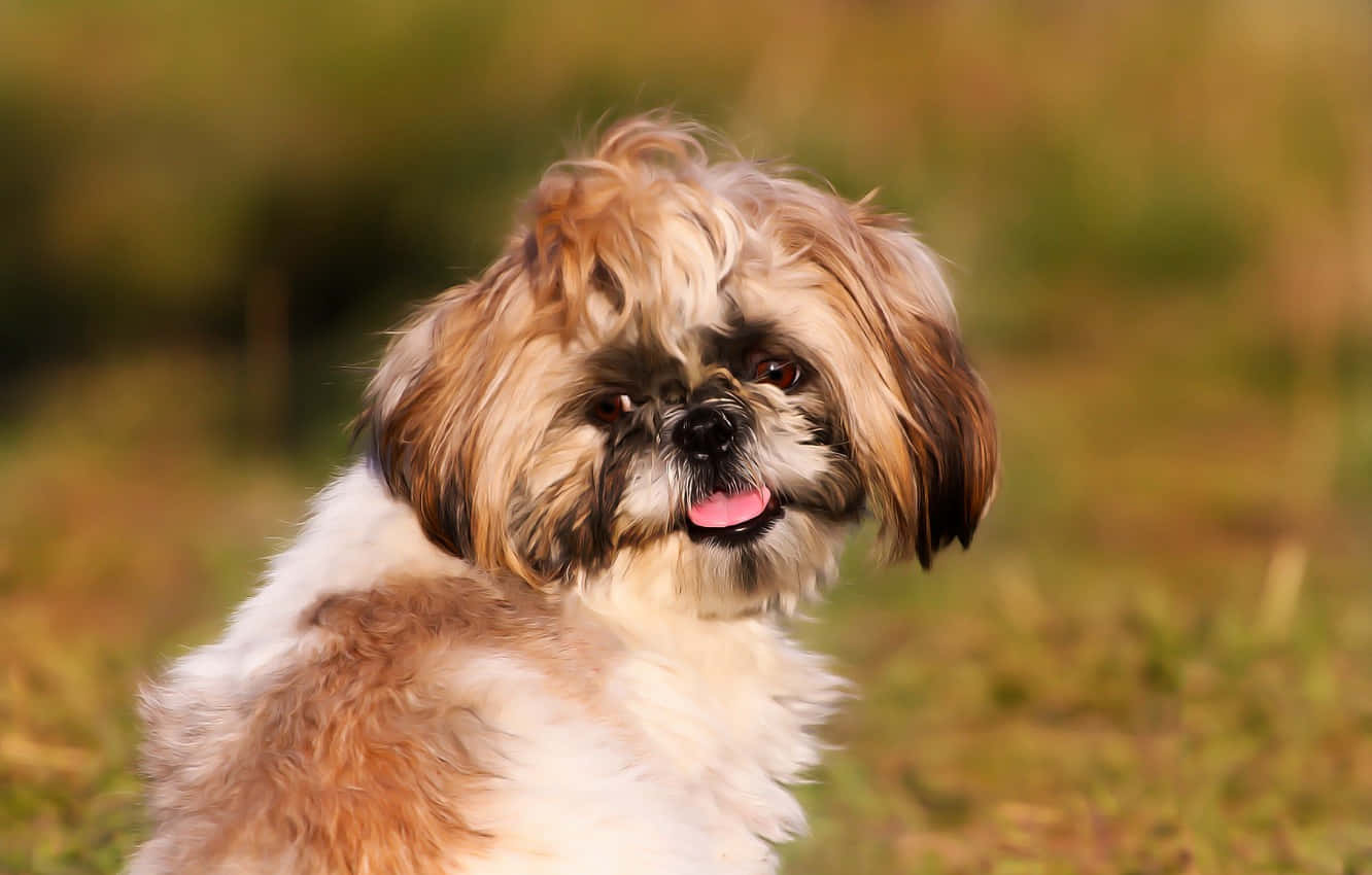 Shih Tzu, fluffy hair, sunlit grassy field, HD Desktop Wallpaper