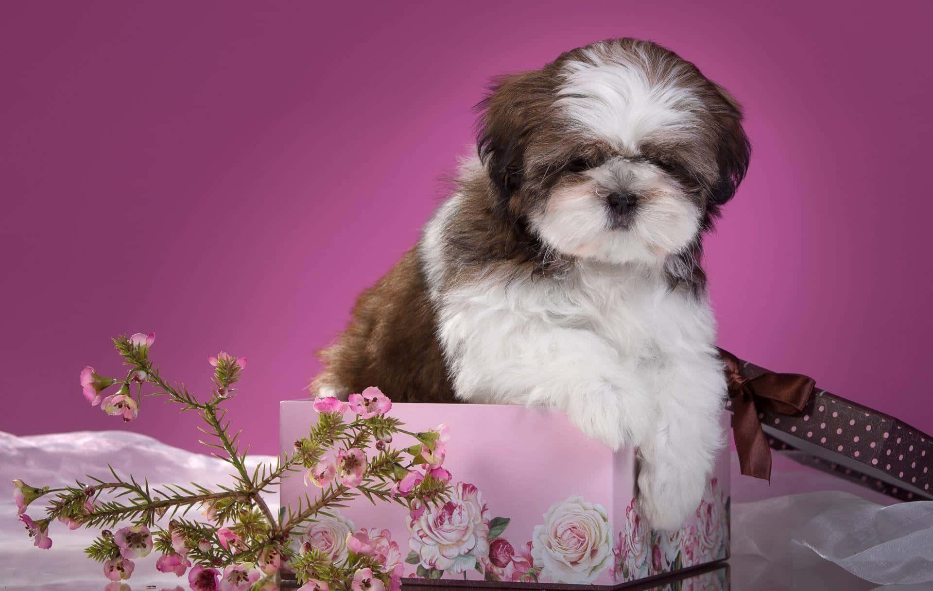 Shih Tzu, purple themed, pink floral gift box, Full HD Desktop Wallpaper