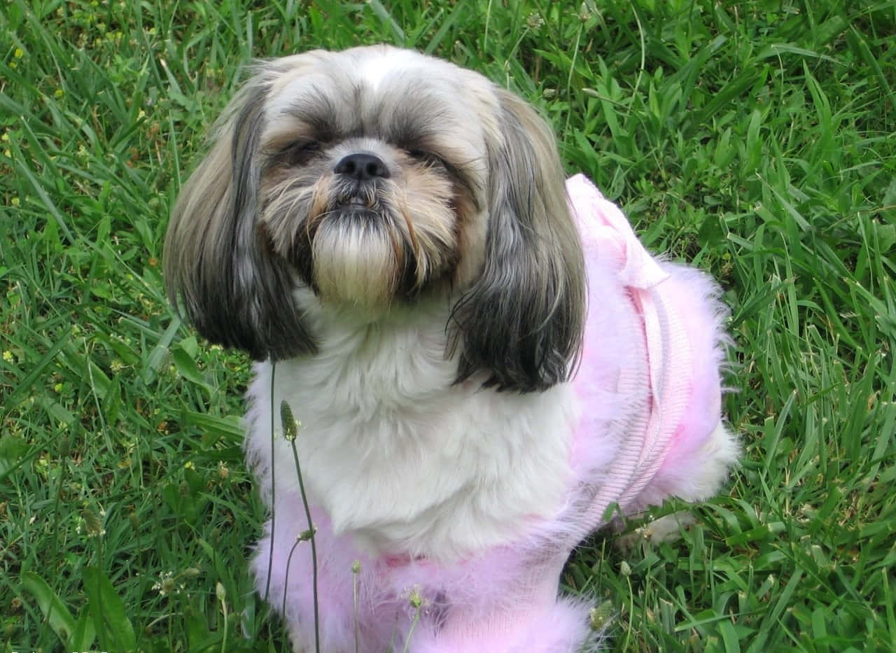 Shih Tzu, pink outfit, vibrant green grass, HD Desktop Wallpaper