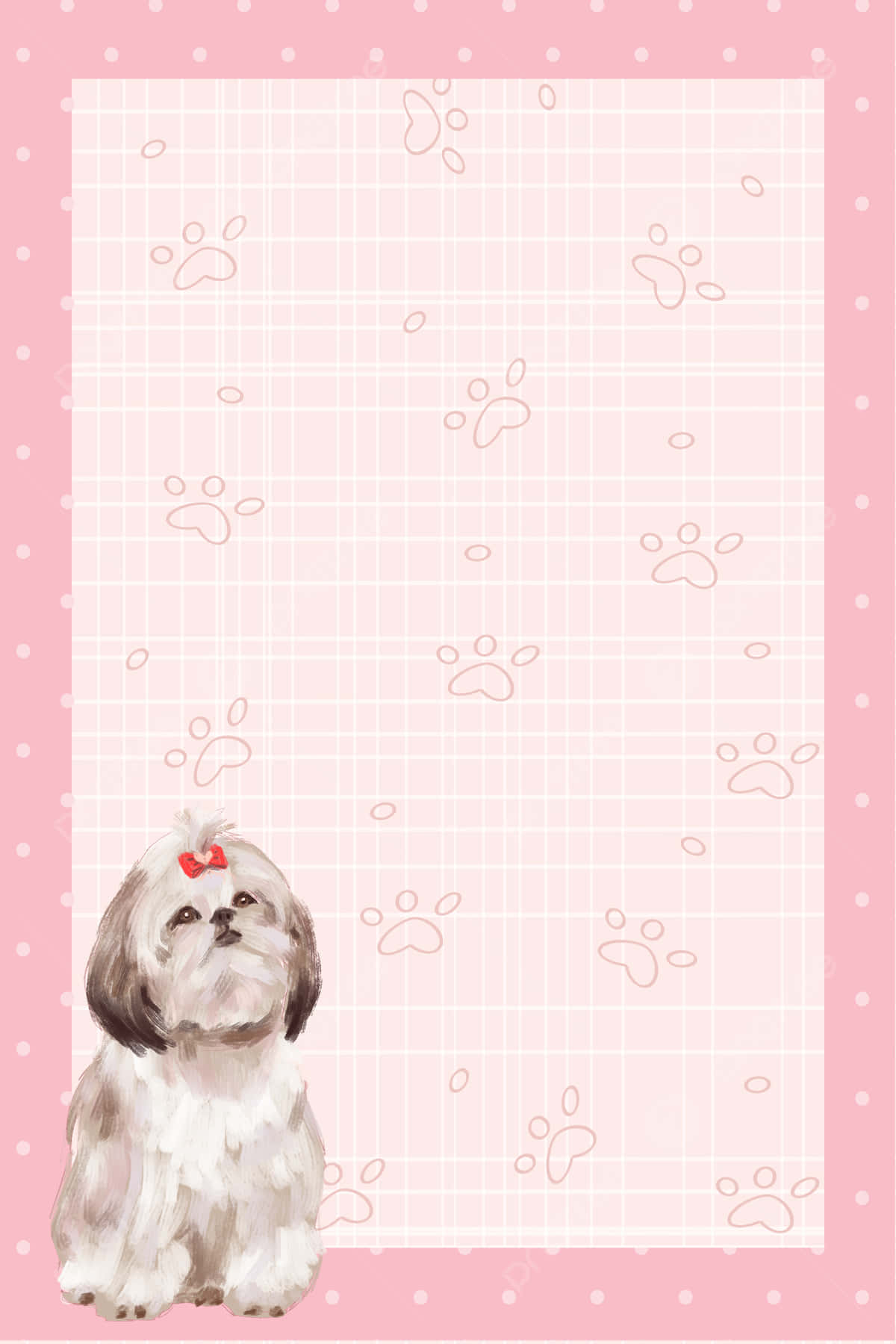 Shih Tzu, pink polka-dotted wallpaper, red bow, HD Phone Wallpaper
