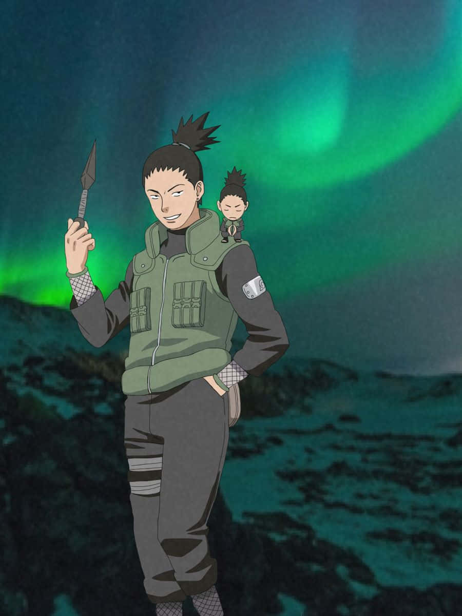 Shikamaru, vibrant green aurora, tiny version of himself, SD Phone Wallpaper