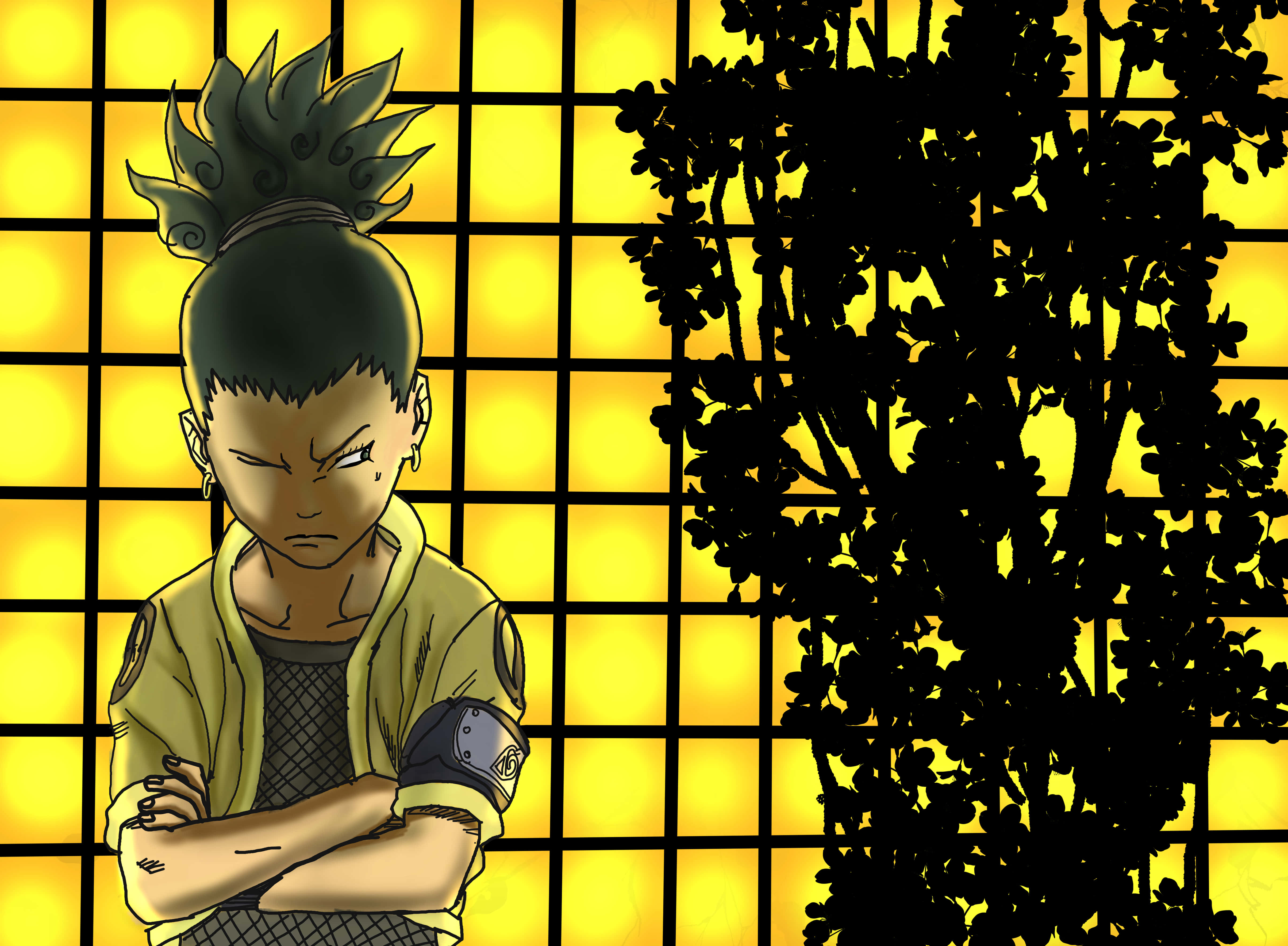 Shikamaru Nara, spiky topknot, glowing yellow shoji screen, 4K Desktop Wallpaper