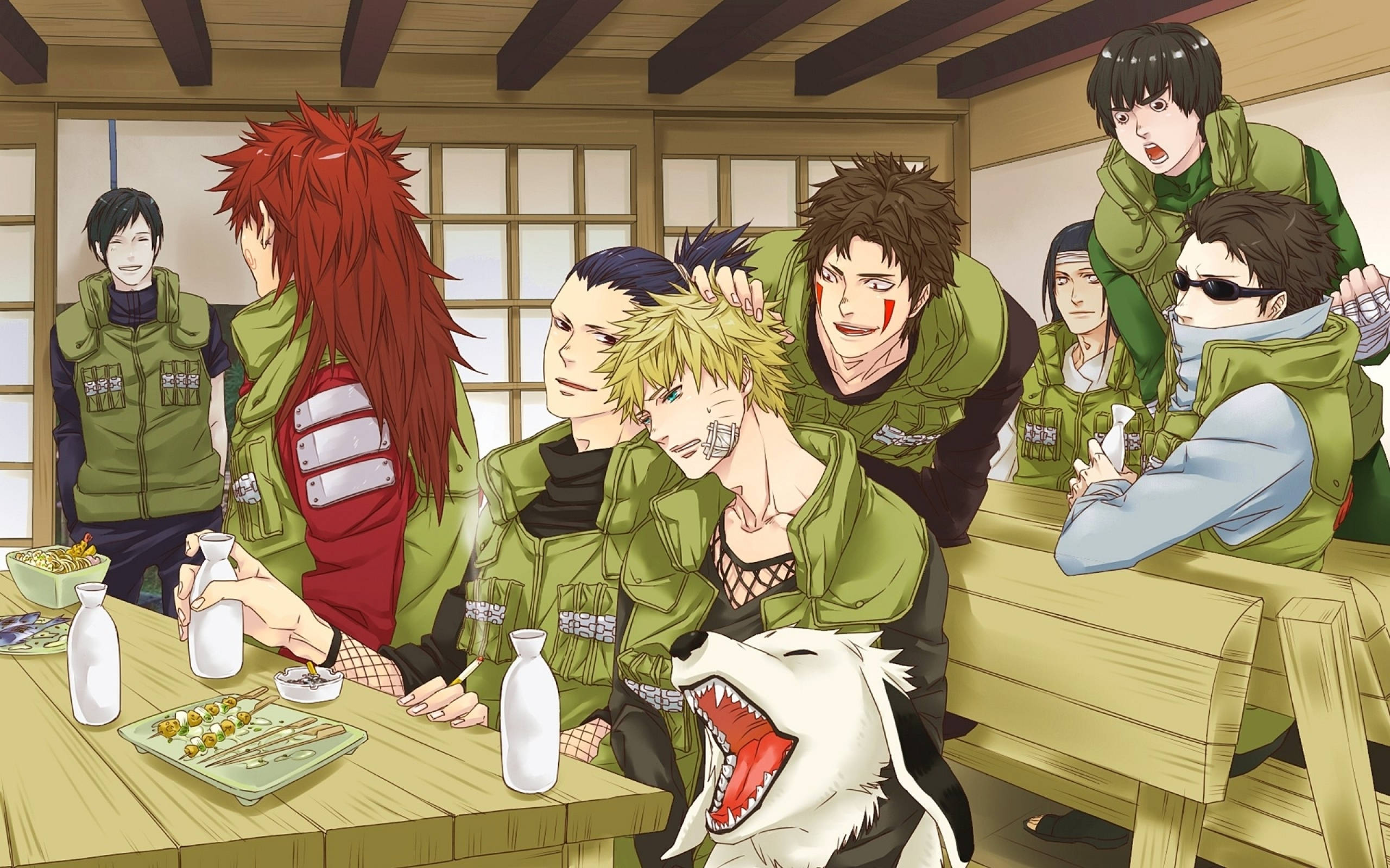 Shikamaru, green vests, wooden table, 2K Desktop Wallpaper