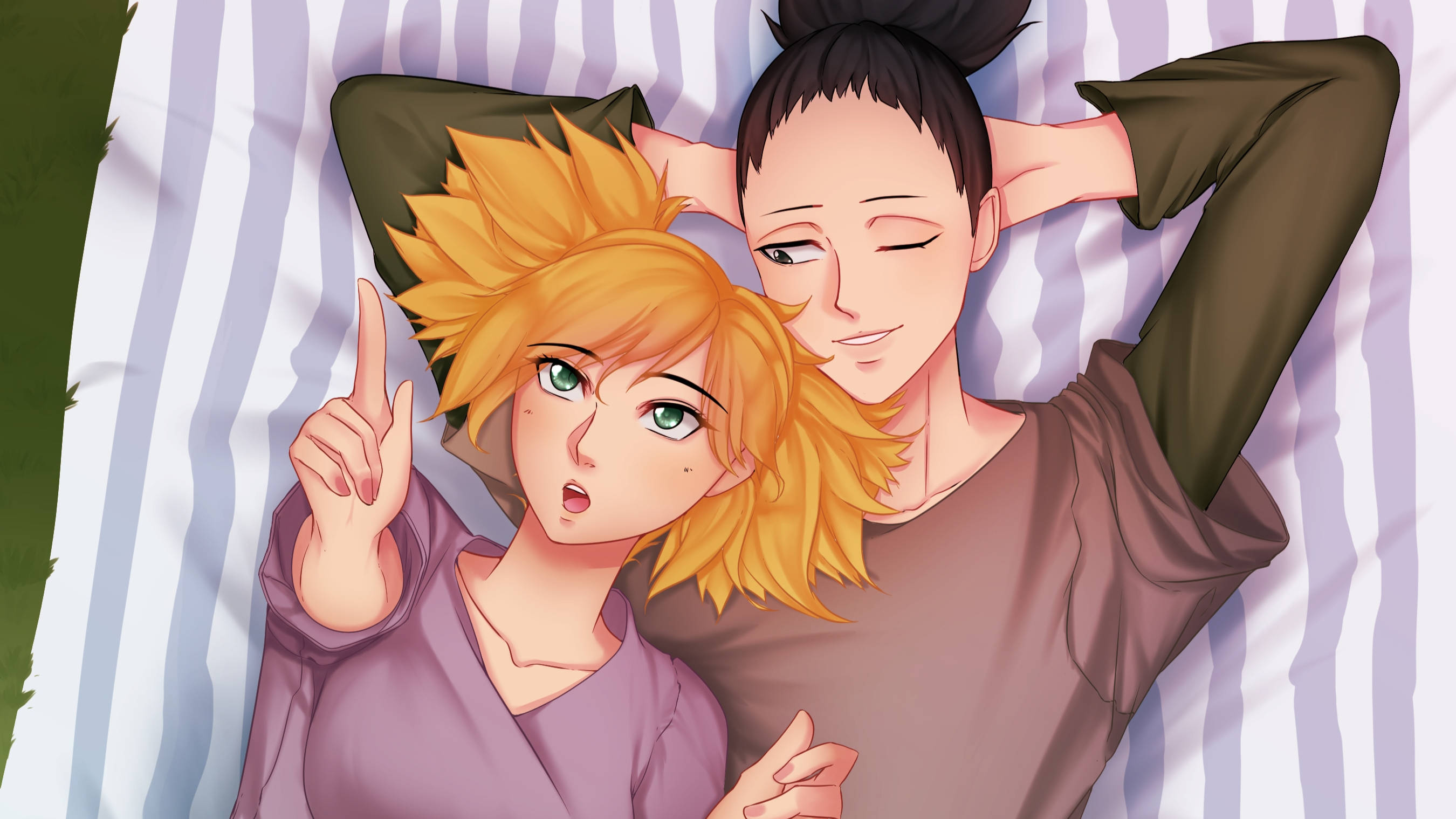 Shikamaru, picnic date, striped bedding, 2K Desktop Wallpaper