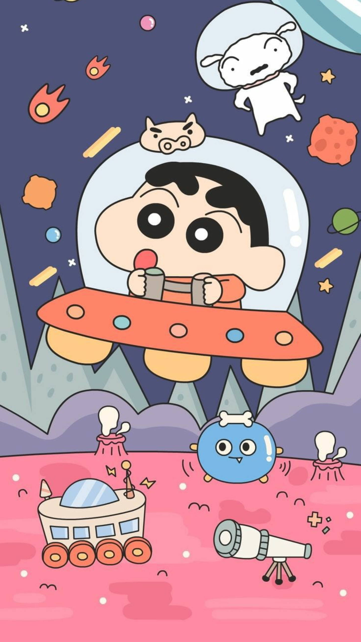 Shin Chan, red UFO, starry purple sky, 2K Phone Wallpaper