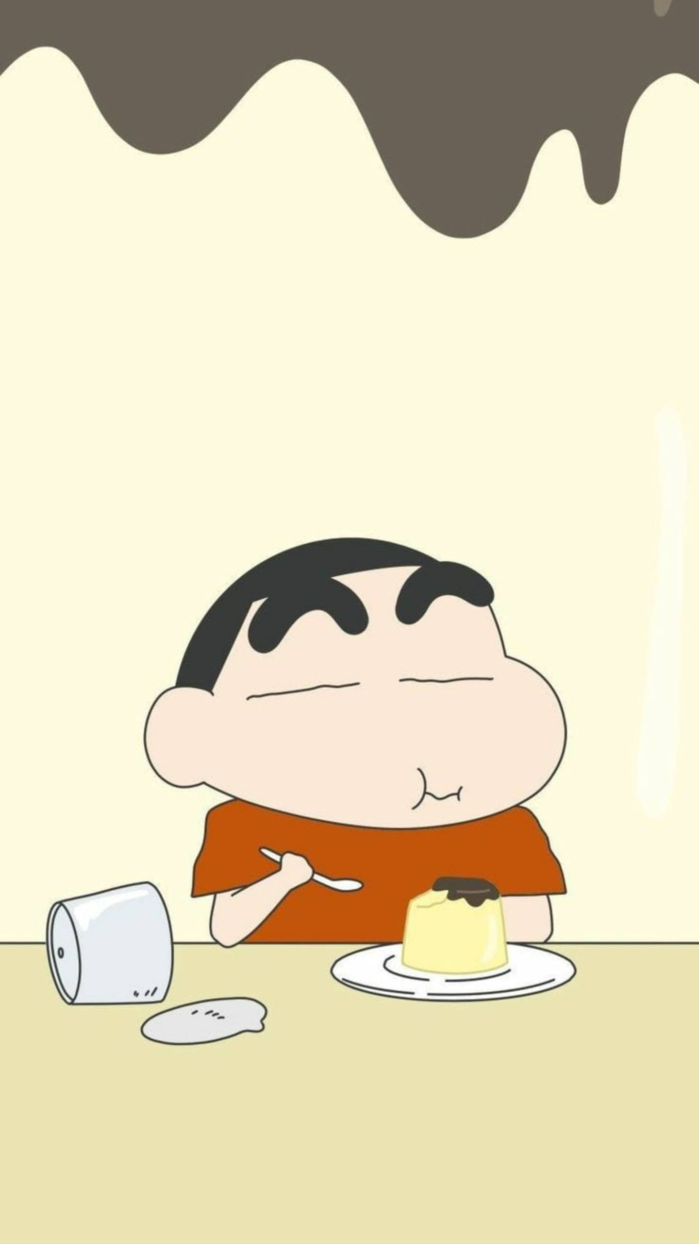 Shin Chan, chocolate-topped pudding, cute cartoon boy, 2K Phone Wallpaper