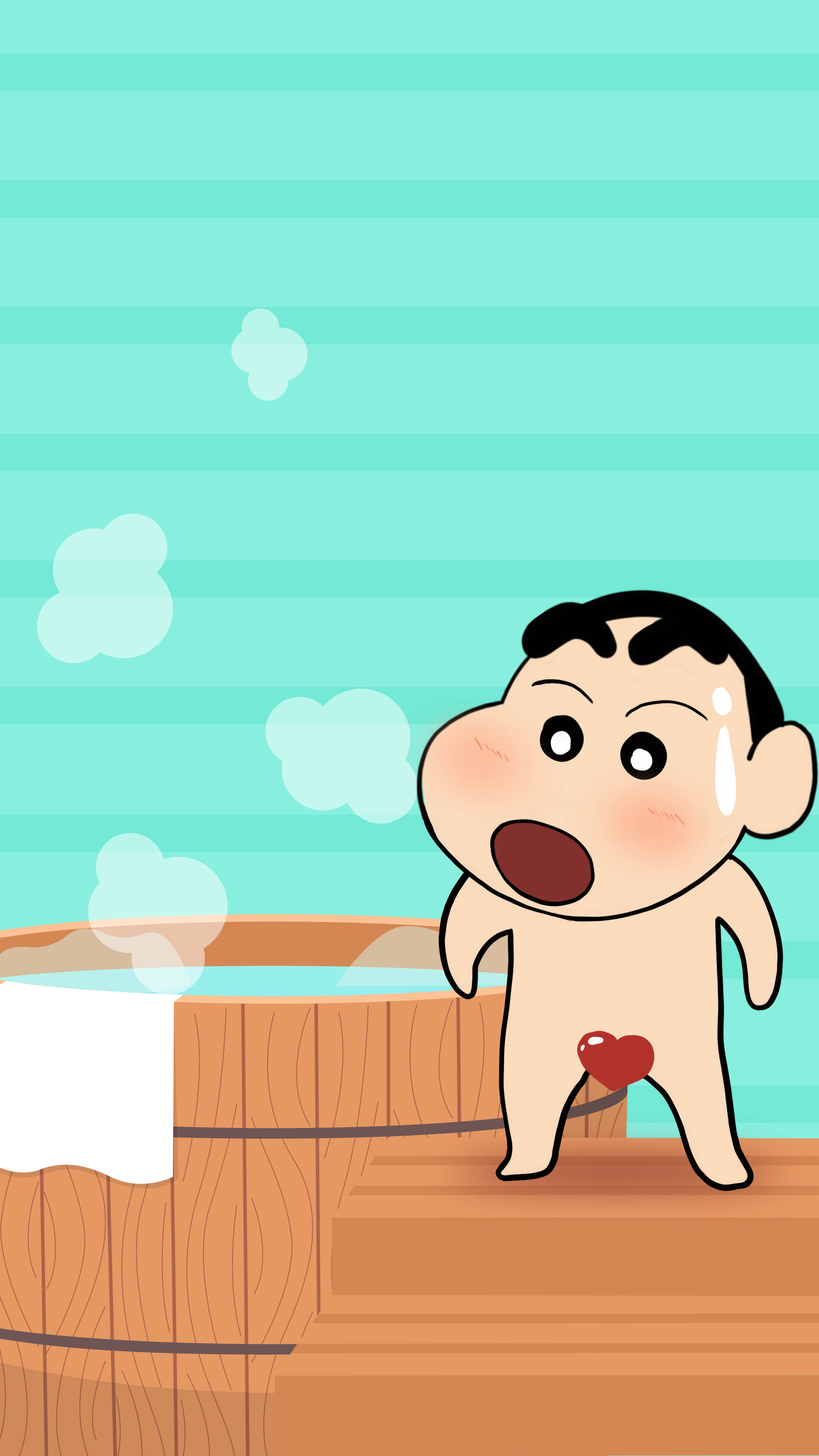 Shin Chan, heart-shaped navel, wooden hot tub, 4K Phone Wallpaper
