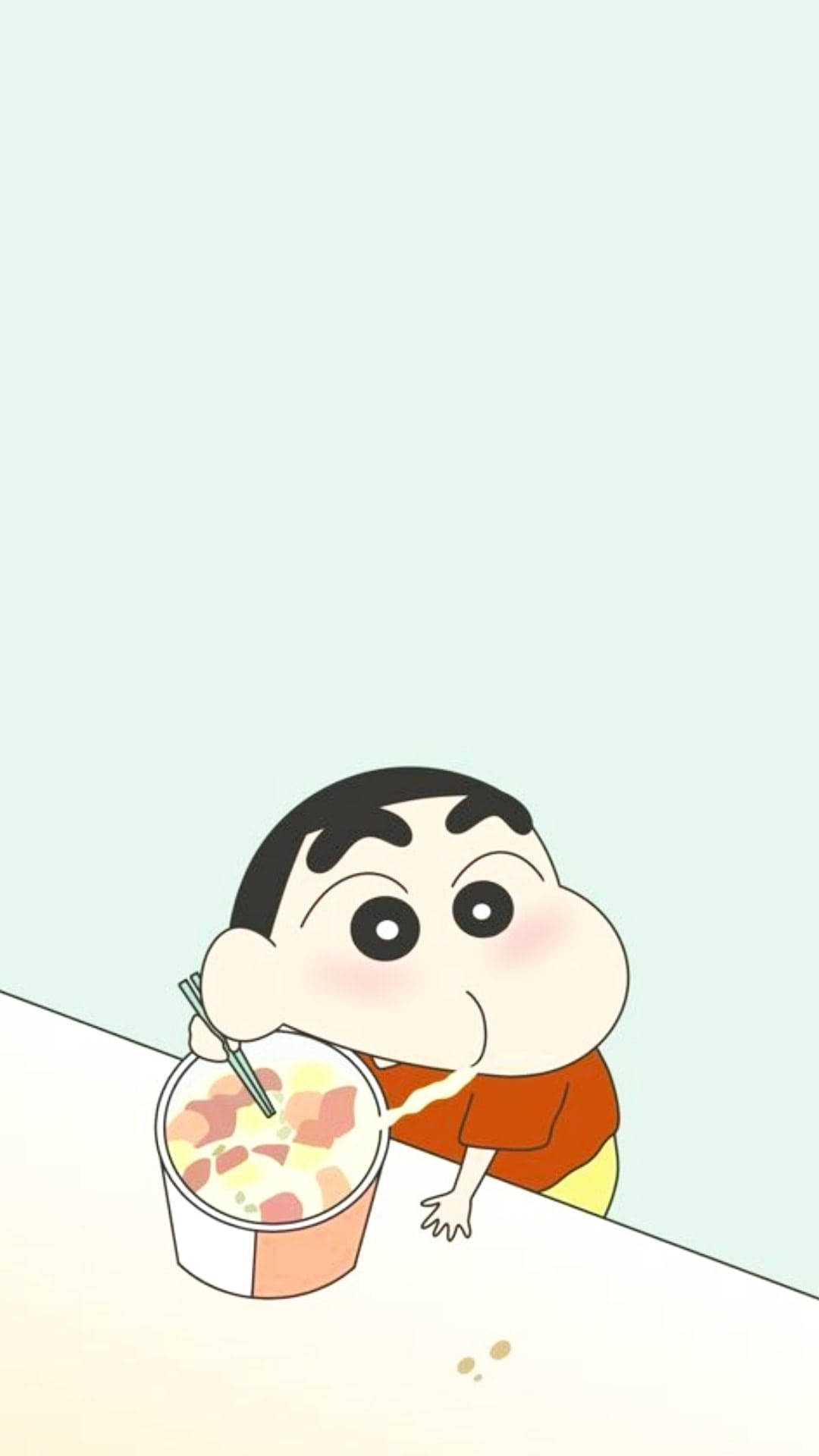 Shin Chan, cartoon boy with big eyes, noodles from a cup with chopsticks, Full HD Phone Wallpaper