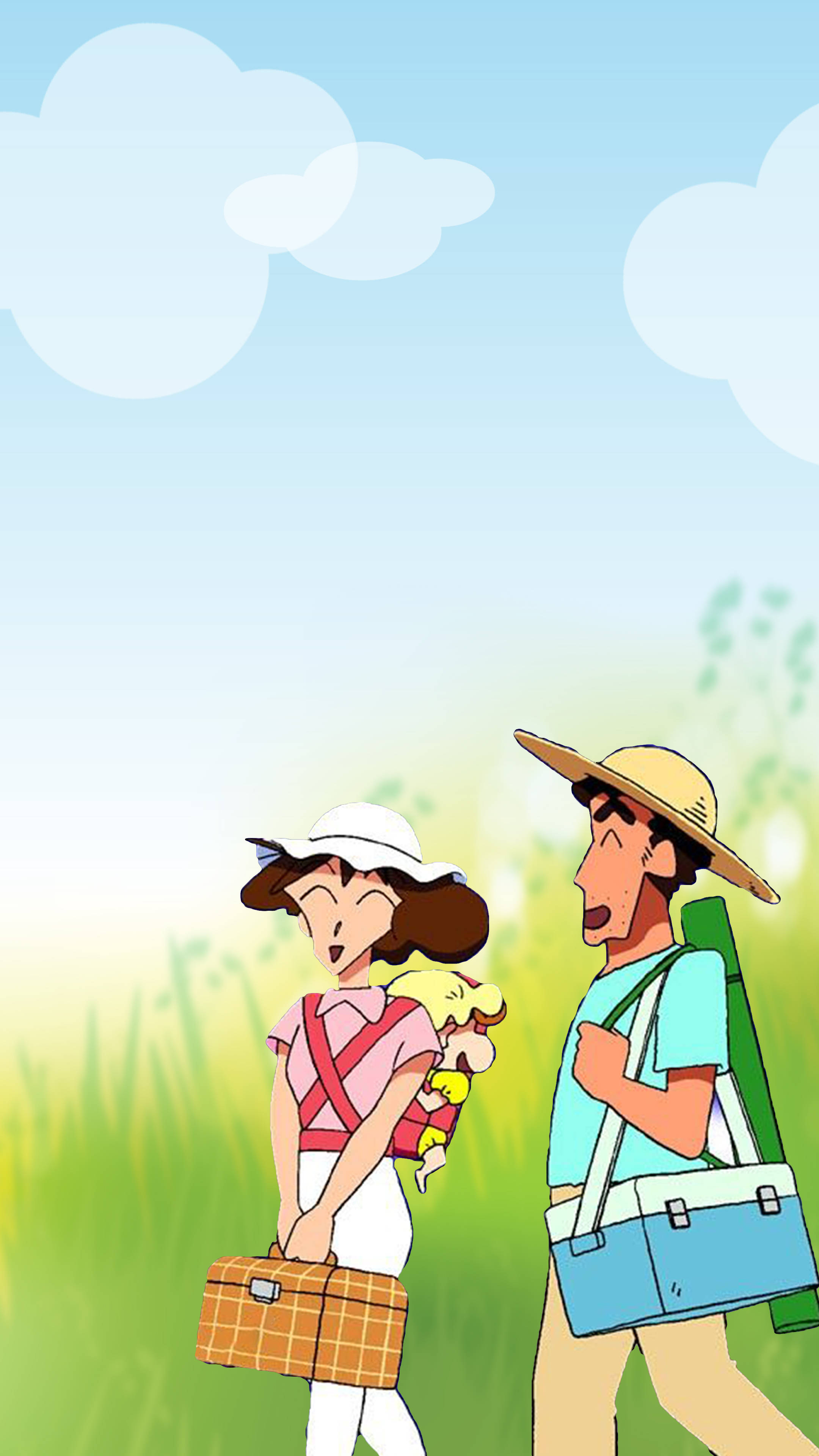 Shin Chan Cartoon, anime couple, sunlit grassy field, 4K Phone Wallpaper