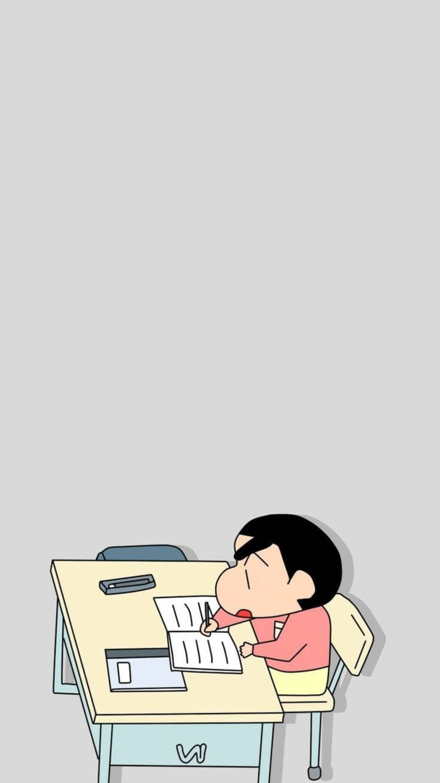Shin Chan Cartoon, pink shirt, desk, 2K Phone Wallpaper