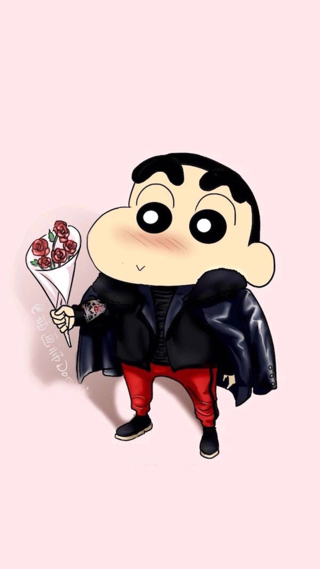 Shin Chan, black leather jacket, red pants, Full HD Phone Wallpaper