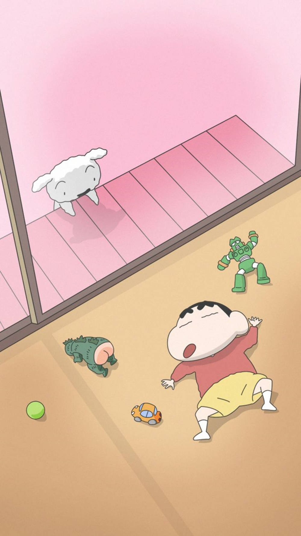 Shin Chan, red shirt, wooden floor, HD Phone Wallpaper