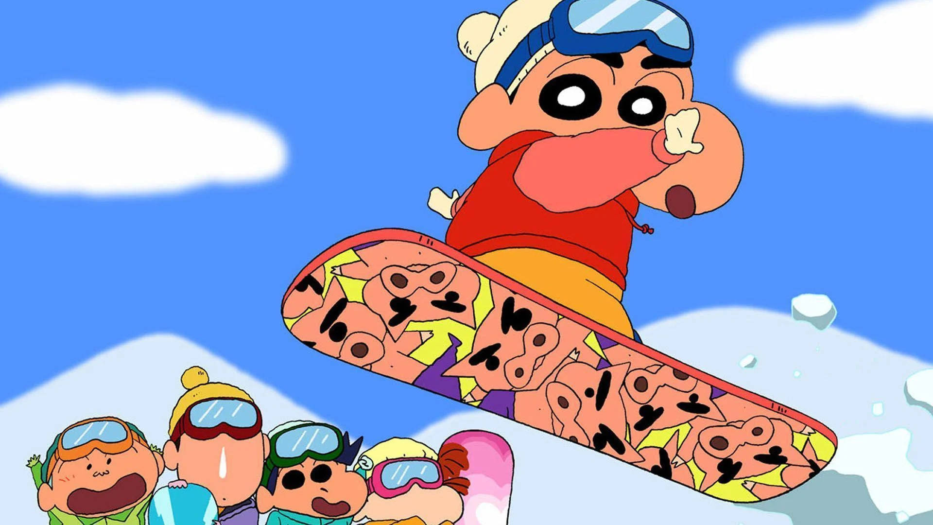Shin Chan, snowboard, snowy peaks, Full HD Desktop Wallpaper