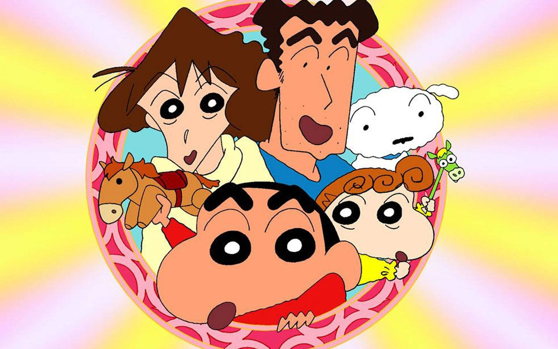 Shin Chan, pink circular frame, crayon-style characters, Full HD Desktop Wallpaper