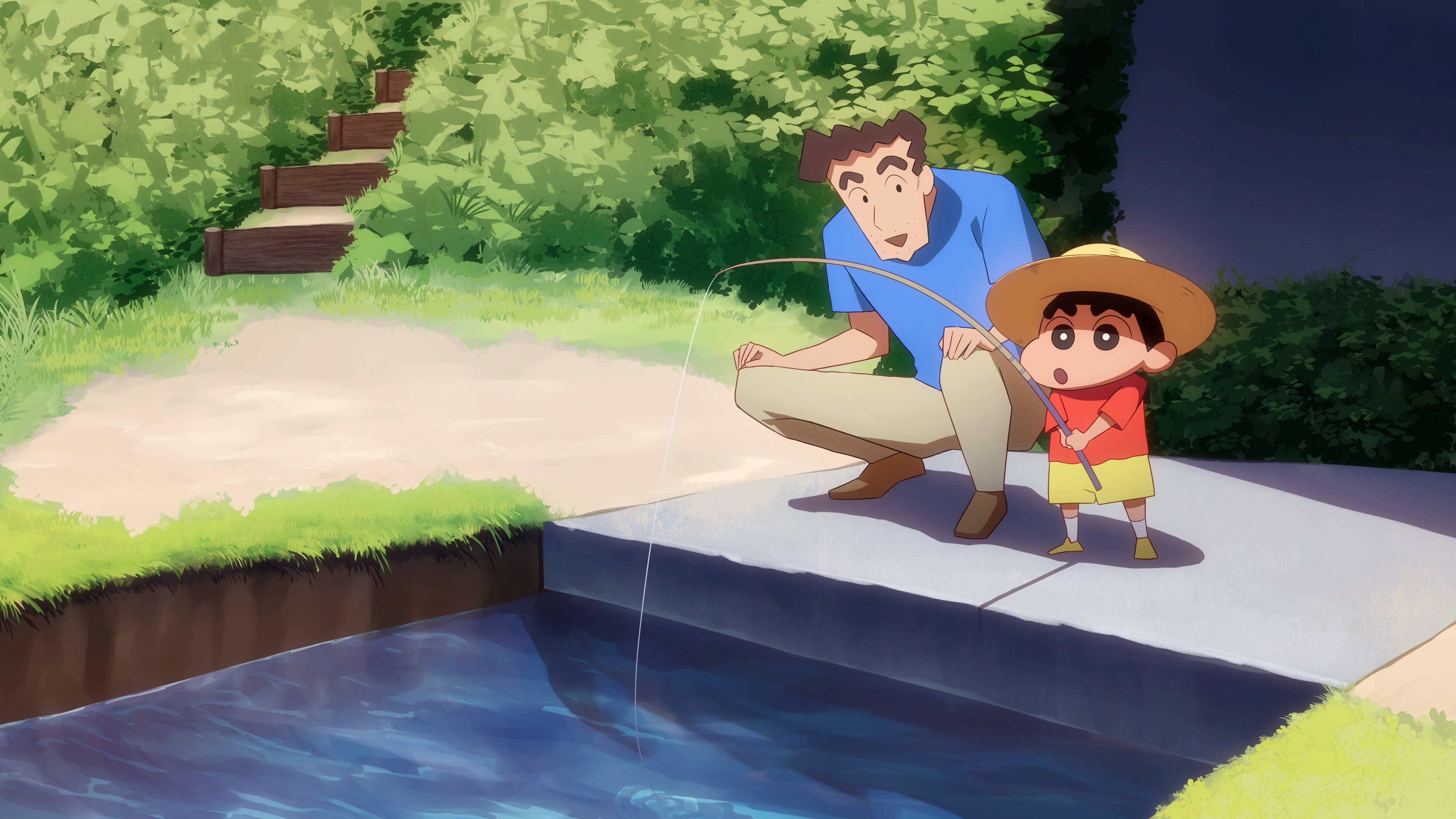 Shin Chan, father and son, garden pond, 4K Desktop Wallpaper