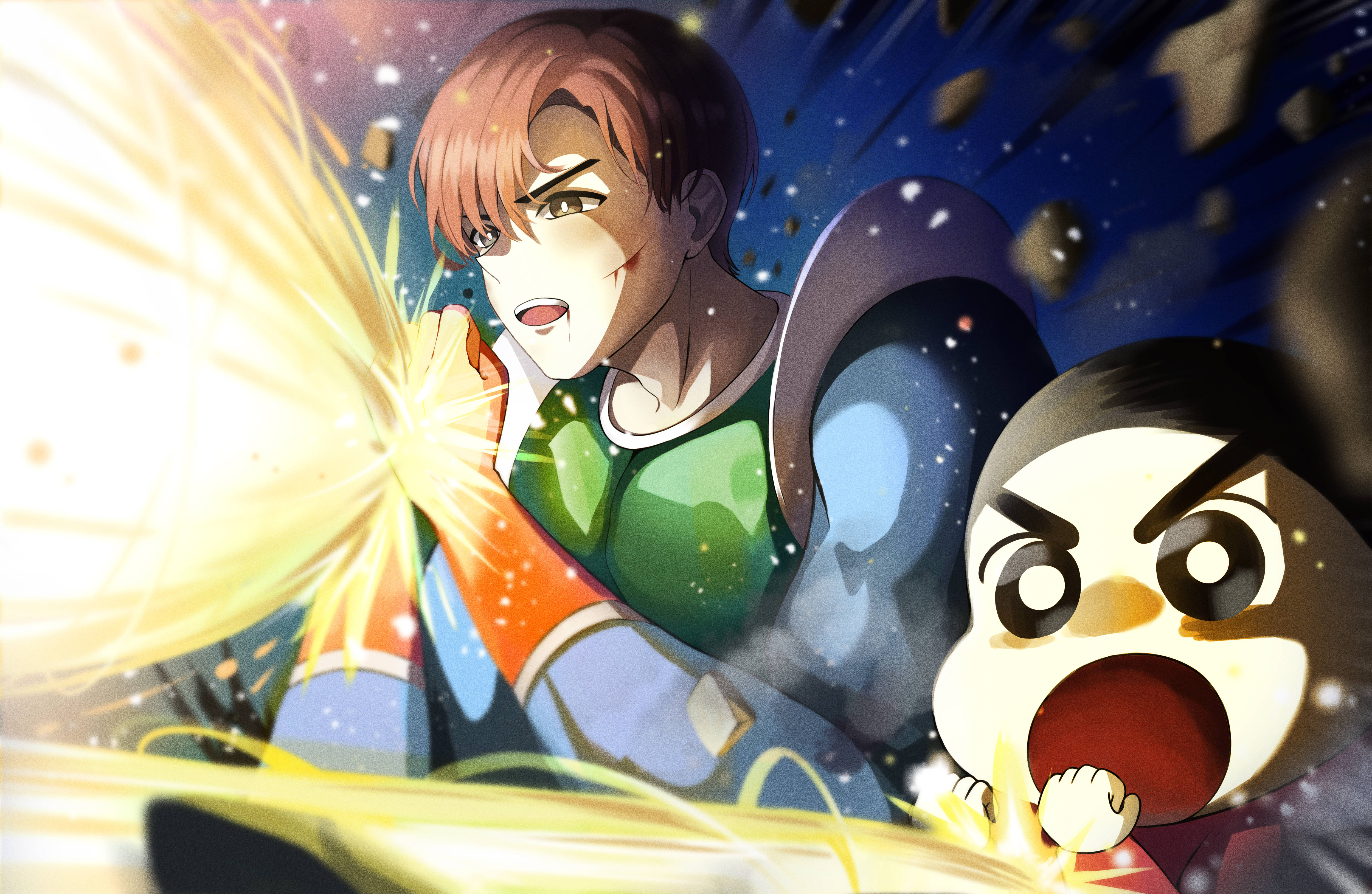 Shin Chan, friends, starry cosmic backdrop, 4K Desktop Wallpaper