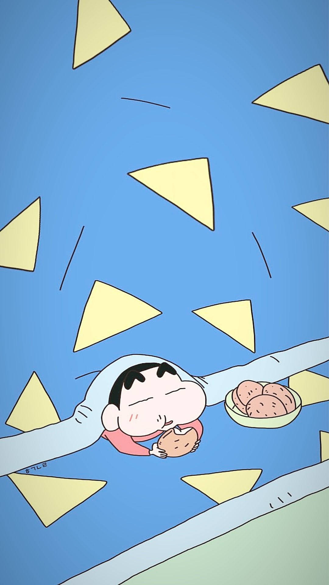 Shin Chan, yellow triangles, blue background, Full HD Phone Wallpaper