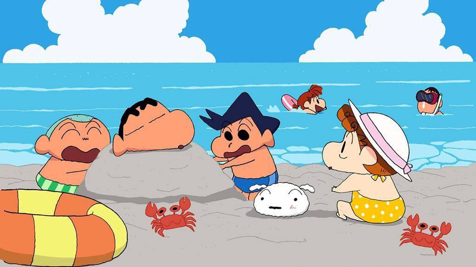 Shin Chan, beach, red crabs, Full HD Desktop Wallpaper