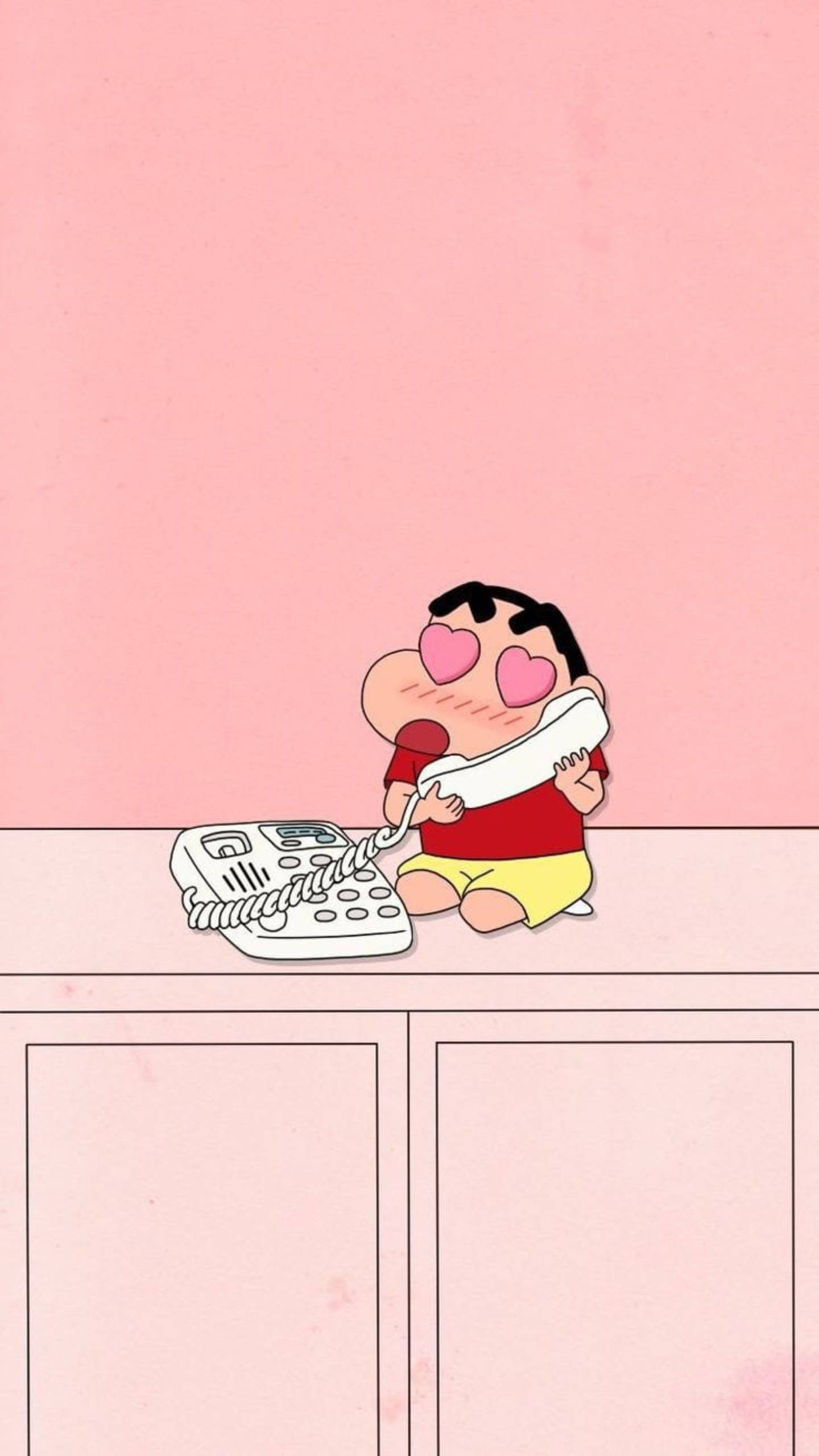 Shin Chan, heart-shaped eyes, white landline phone, 2K Phone Wallpaper