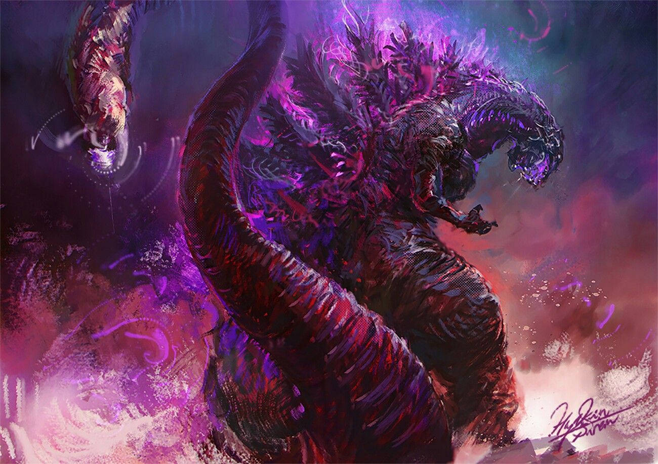 Shin Godzilla, glowing purple spines, long tail, HD Desktop Wallpaper
