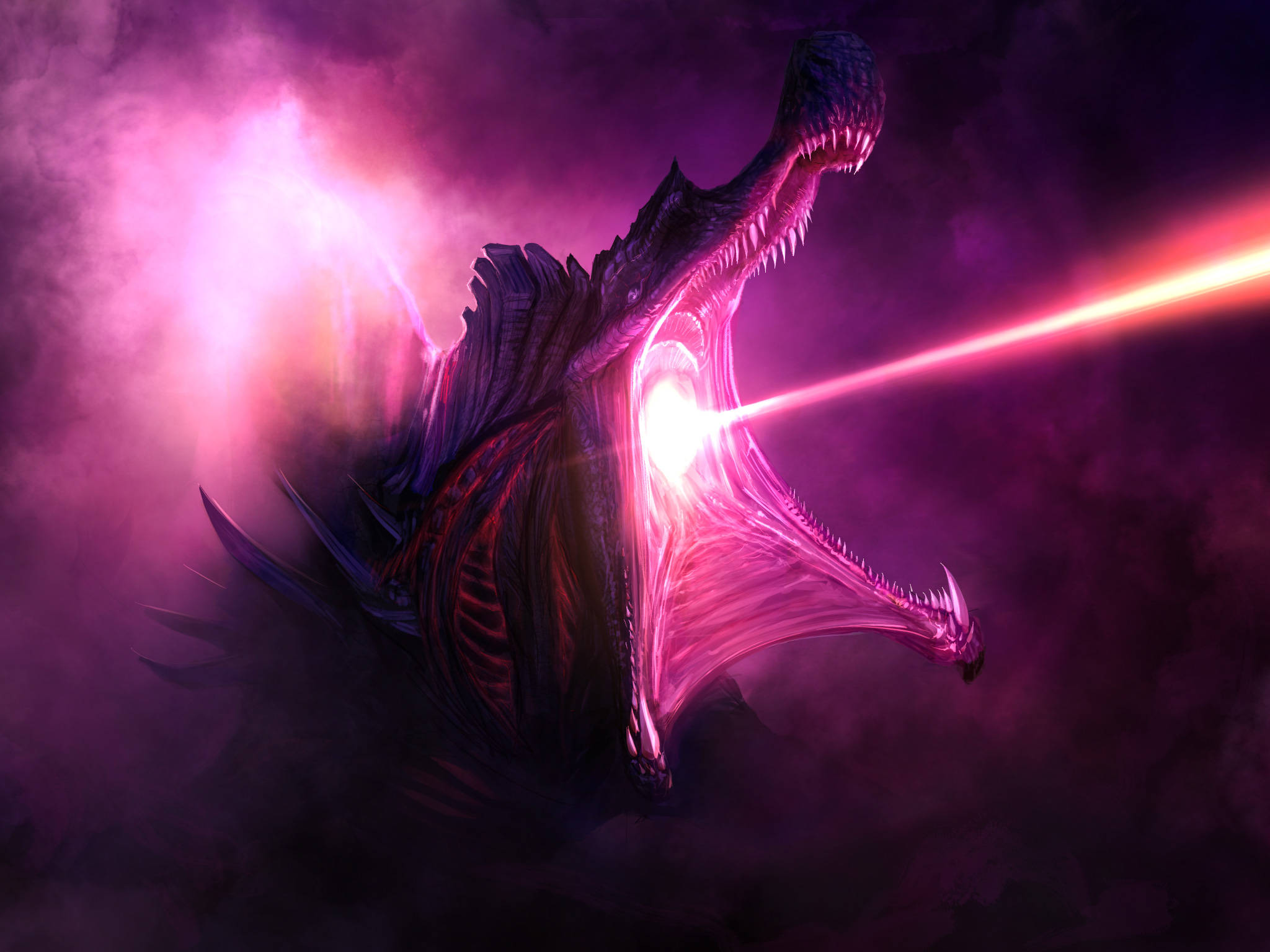 Shin Godzilla, purple atomic breath, glowing pink eyes, Full HD Desktop Wallpaper
