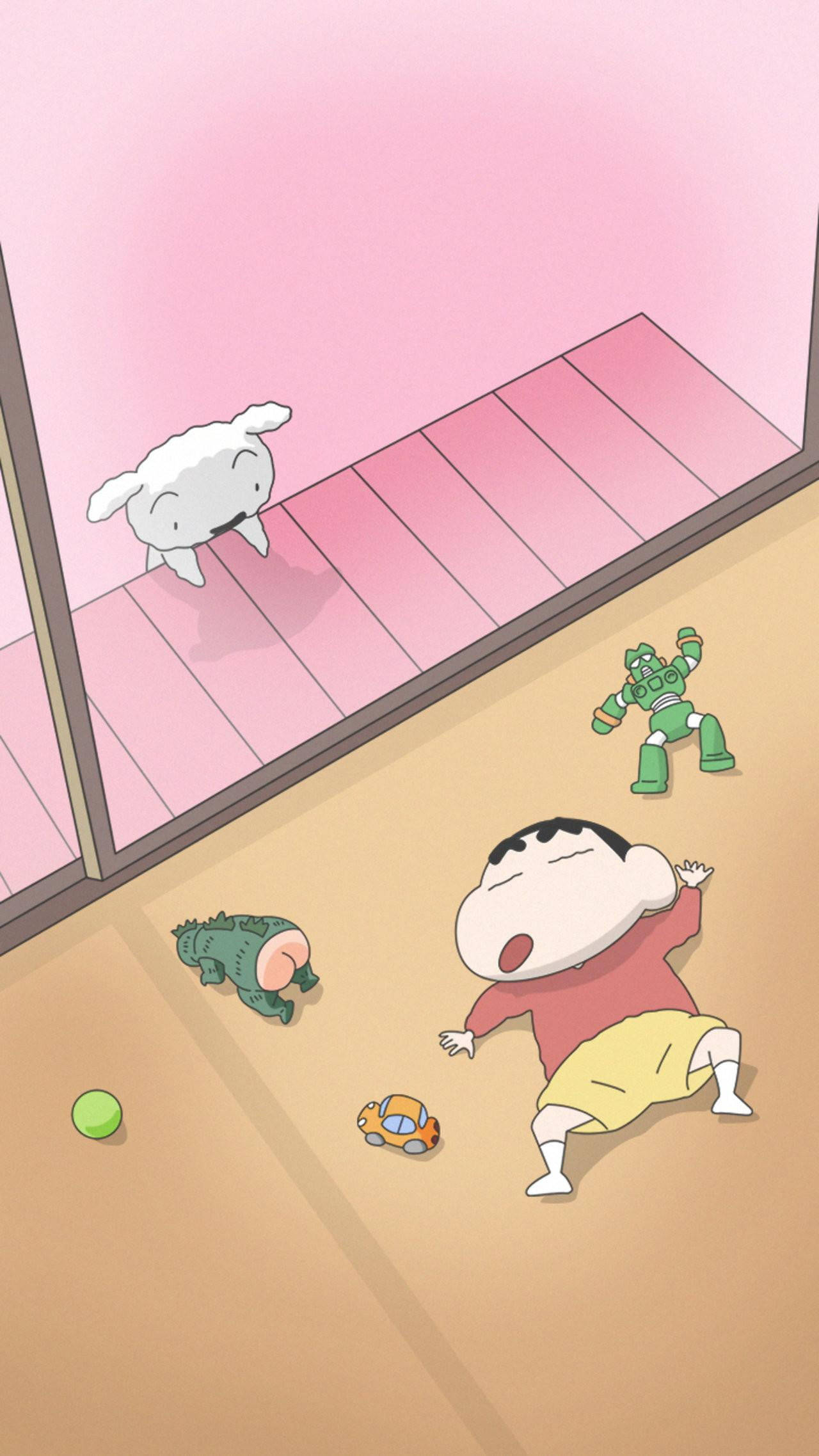 Shinchan Aesthetic, red shirt, wooden floor, Full HD Phone Wallpaper