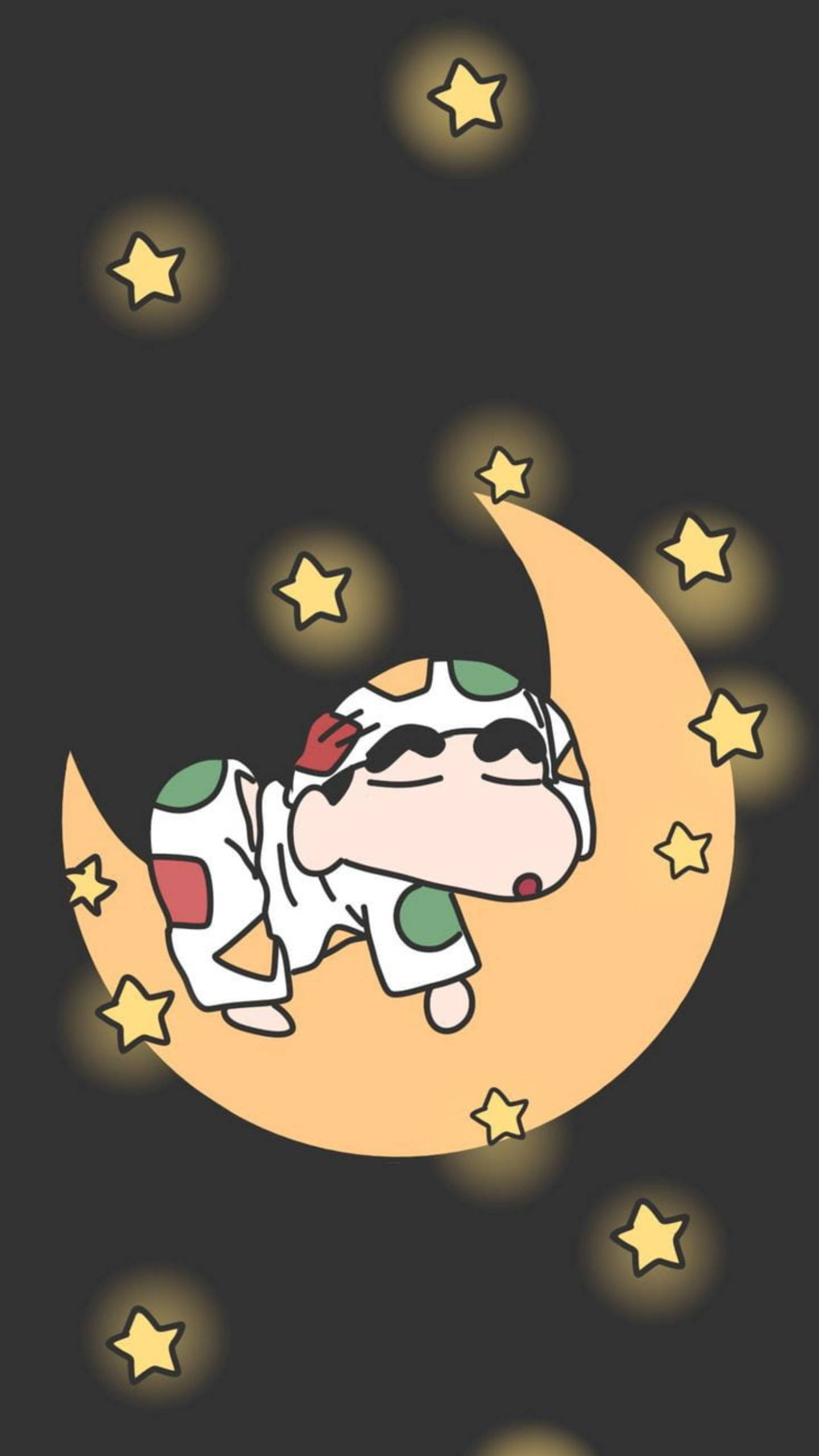 Shinchan Aesthetic, crescent moon, glowing stars, 2K Phone Wallpaper