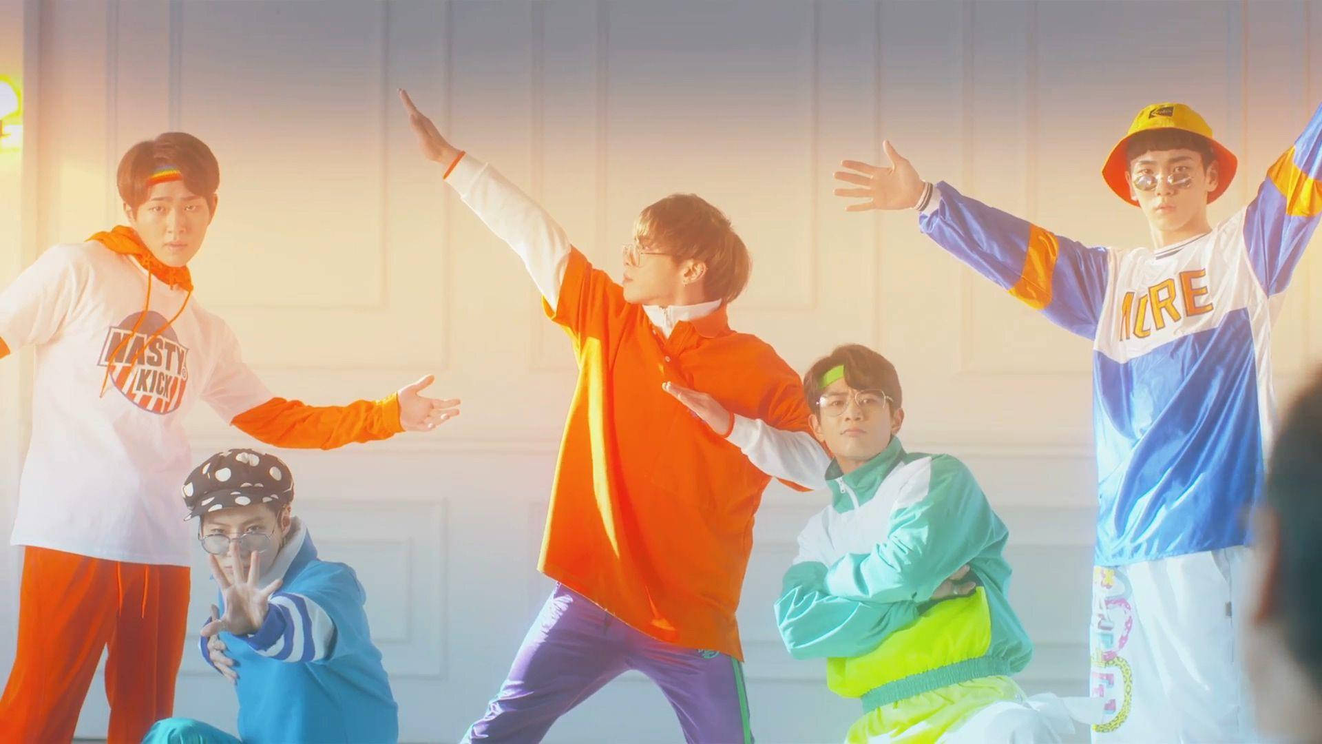 Shinee, vibrant 90s streetwear, softly lit paneled wall, Full HD Desktop Wallpaper