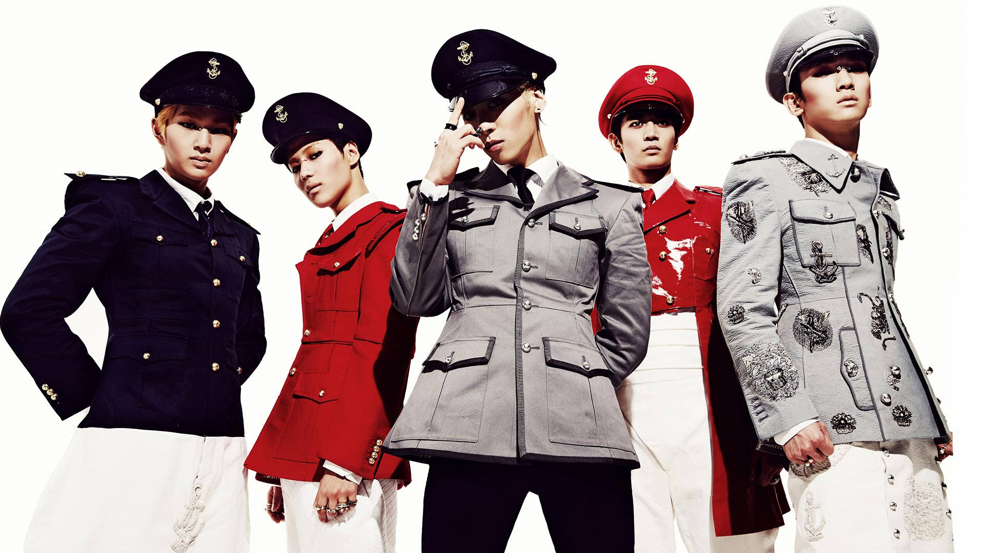 Shinee, military-inspired uniforms, five stylish men, Full HD Desktop Wallpaper