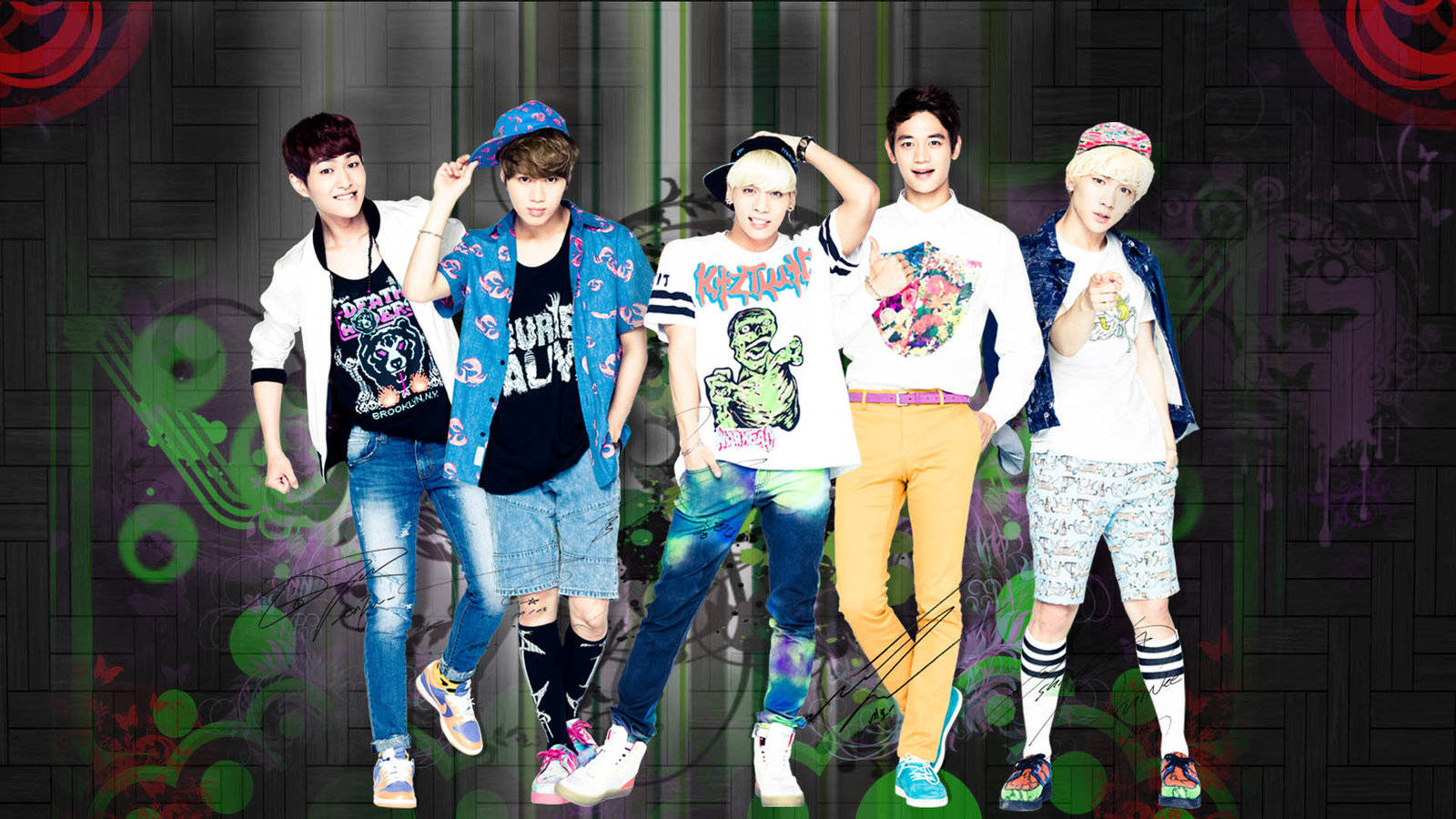 Shinee, graffiti-covered brick wall, swirling green and red patterns, HD Desktop Wallpaper
