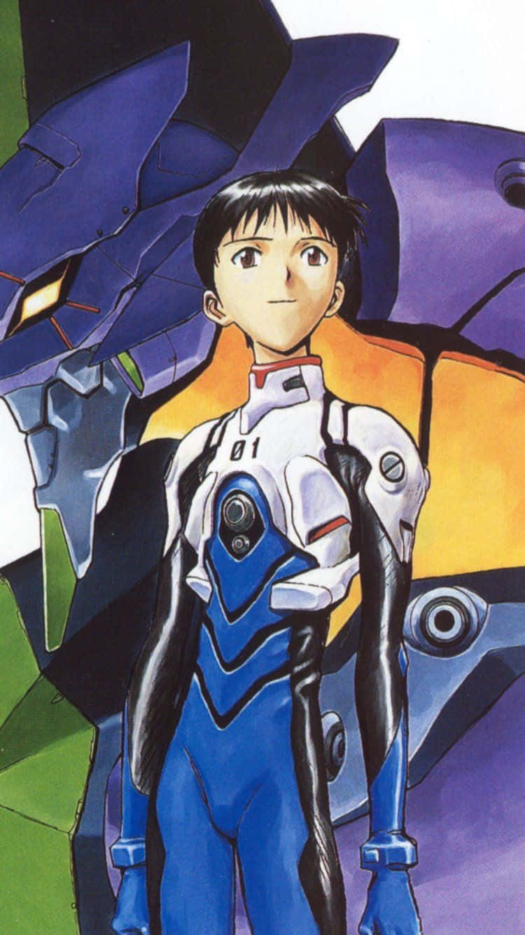 Shinji Ikari, blue and white plugsuit, purple and orange mecha, HD Phone Wallpaper
