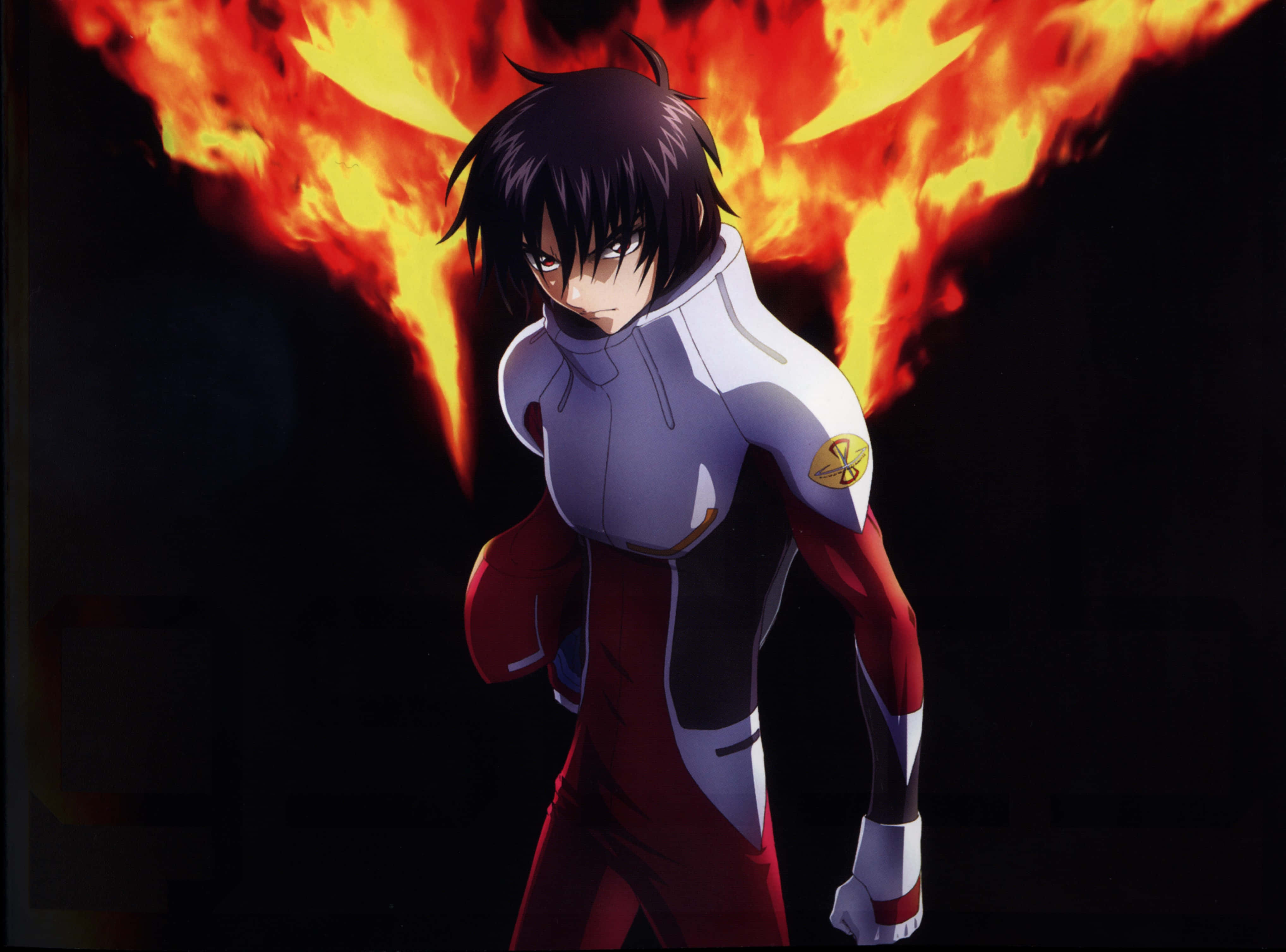 Shinn Asuka, red and white suit, cosmic backdrop, 4K Desktop Wallpaper