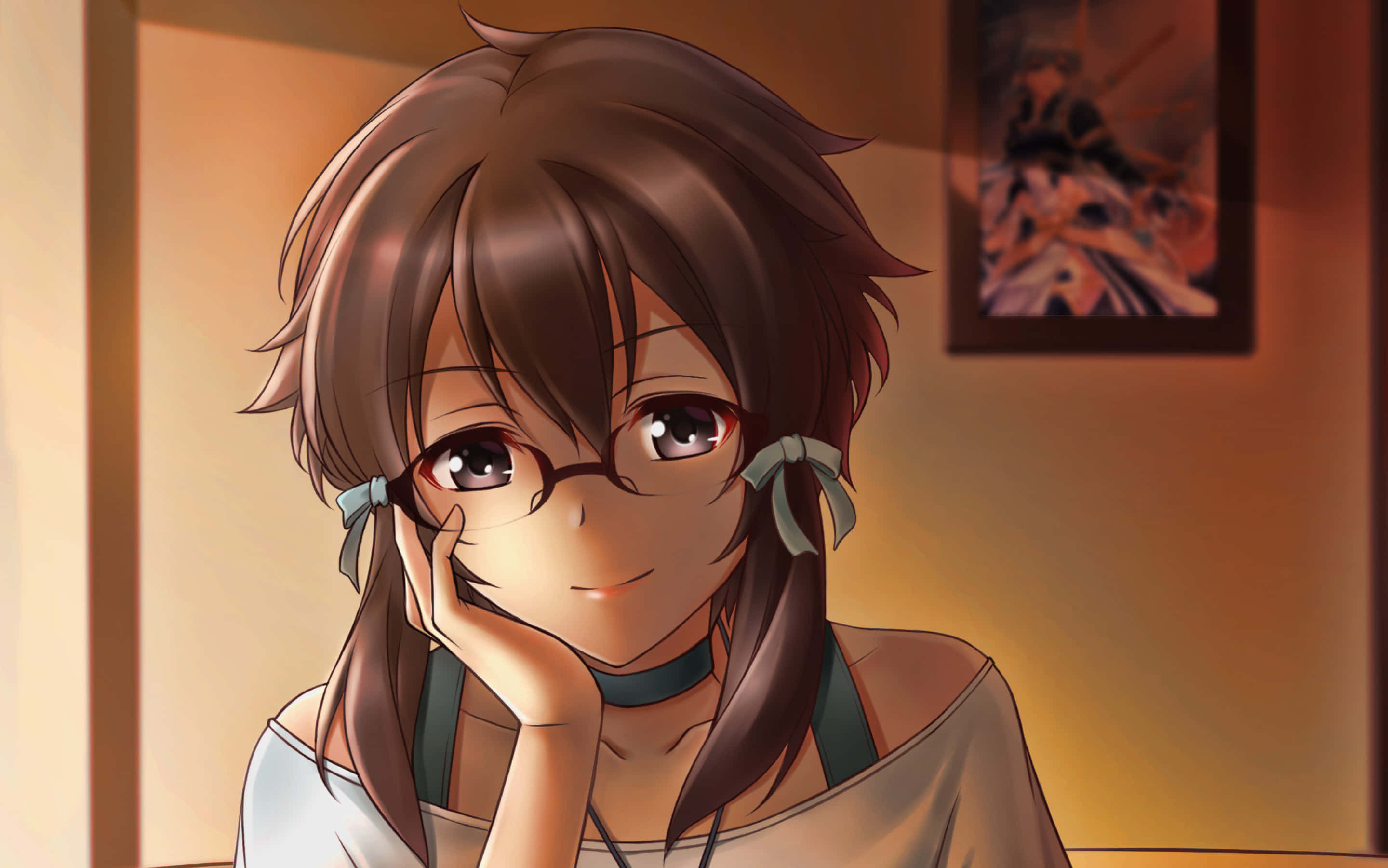 Shino Asada, brown hair, glasses, 2K Desktop Wallpaper