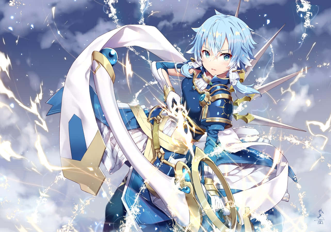 Shino Asada, blue-haired anime warrior, ornate blue and gold armor, HD Desktop Wallpaper