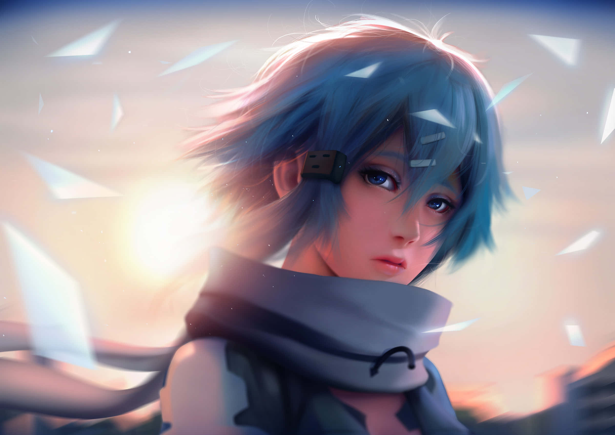 Shino Asada, blue-haired anime character, scarf, Full HD Desktop Wallpaper
