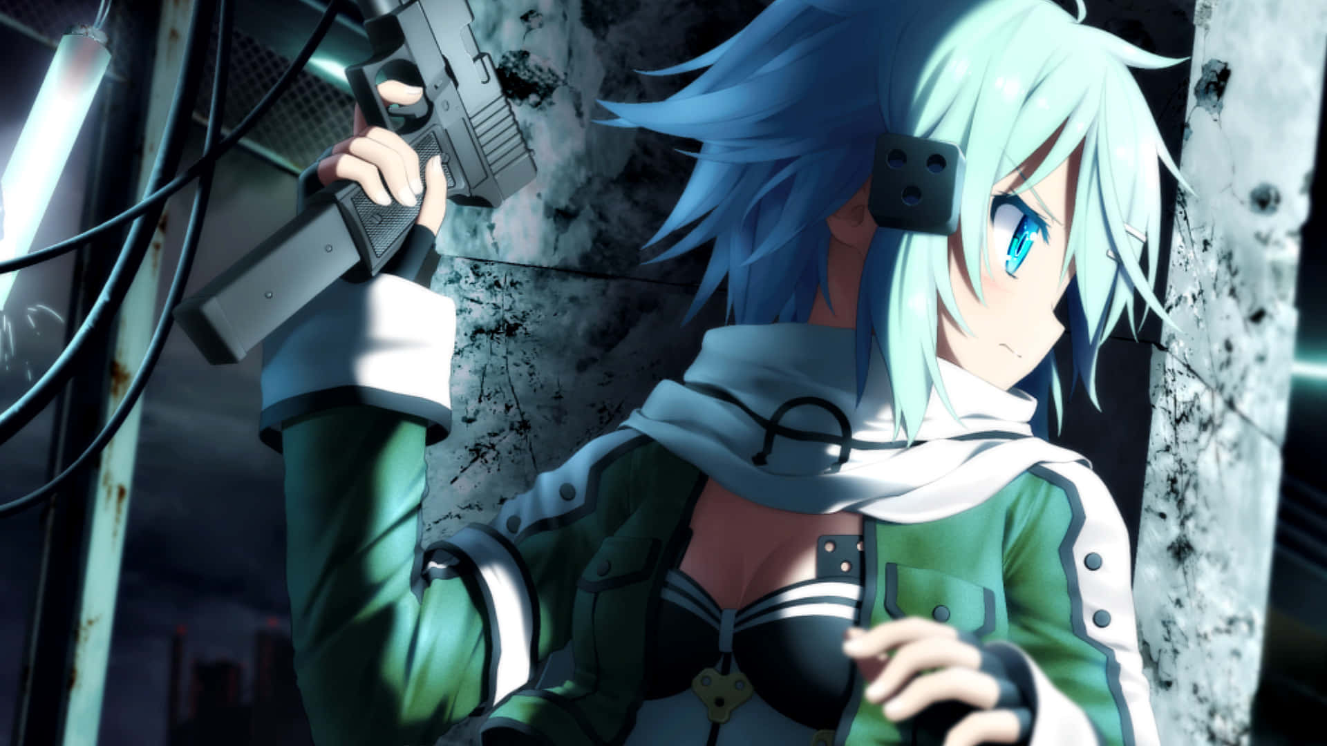 Shino Asada, blue-haired anime girl, cybernetic eye, Full HD Desktop Wallpaper