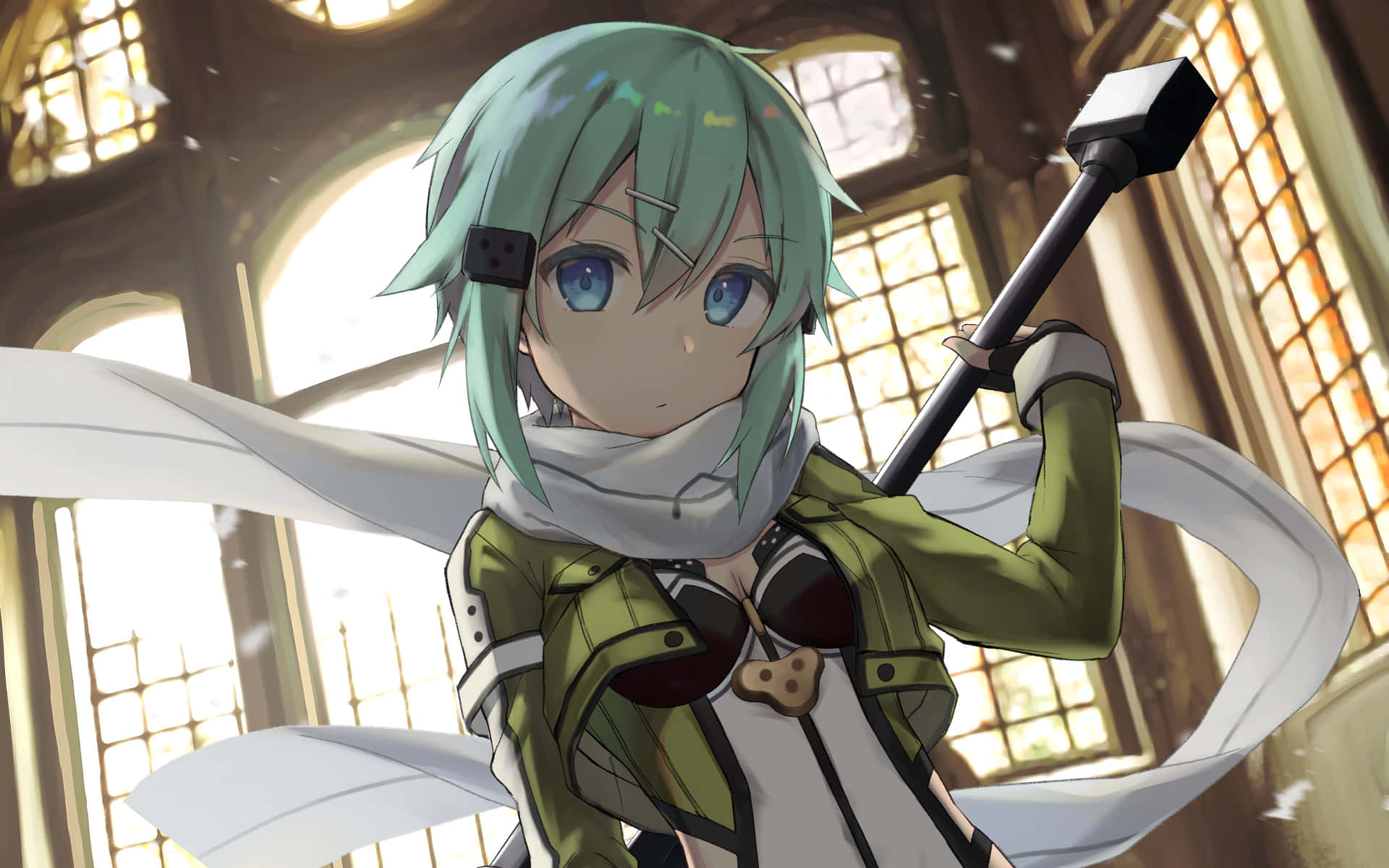 Shino Asada, teal-haired, blue eyes, Full HD Desktop Wallpaper