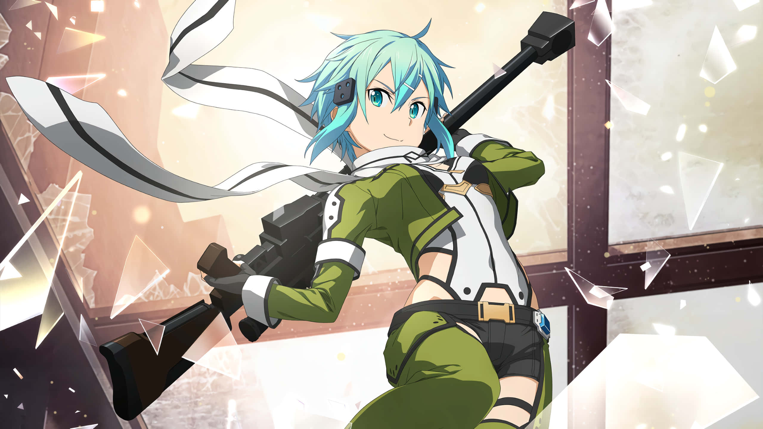 Shino Asada, teal hair, large sword, 2K Desktop Wallpaper