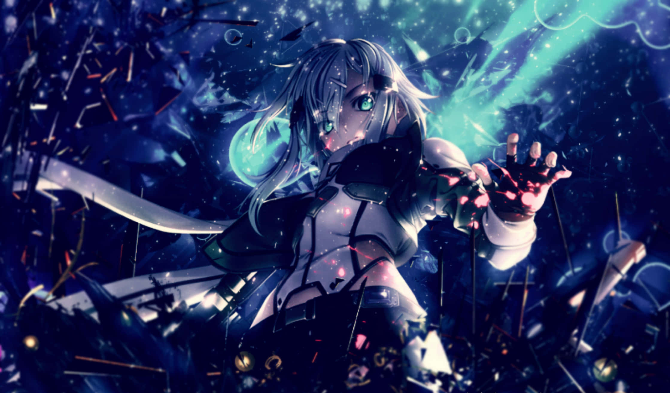 Shino Asada, silver-haired, glowing green eyes, Full HD Desktop Wallpaper